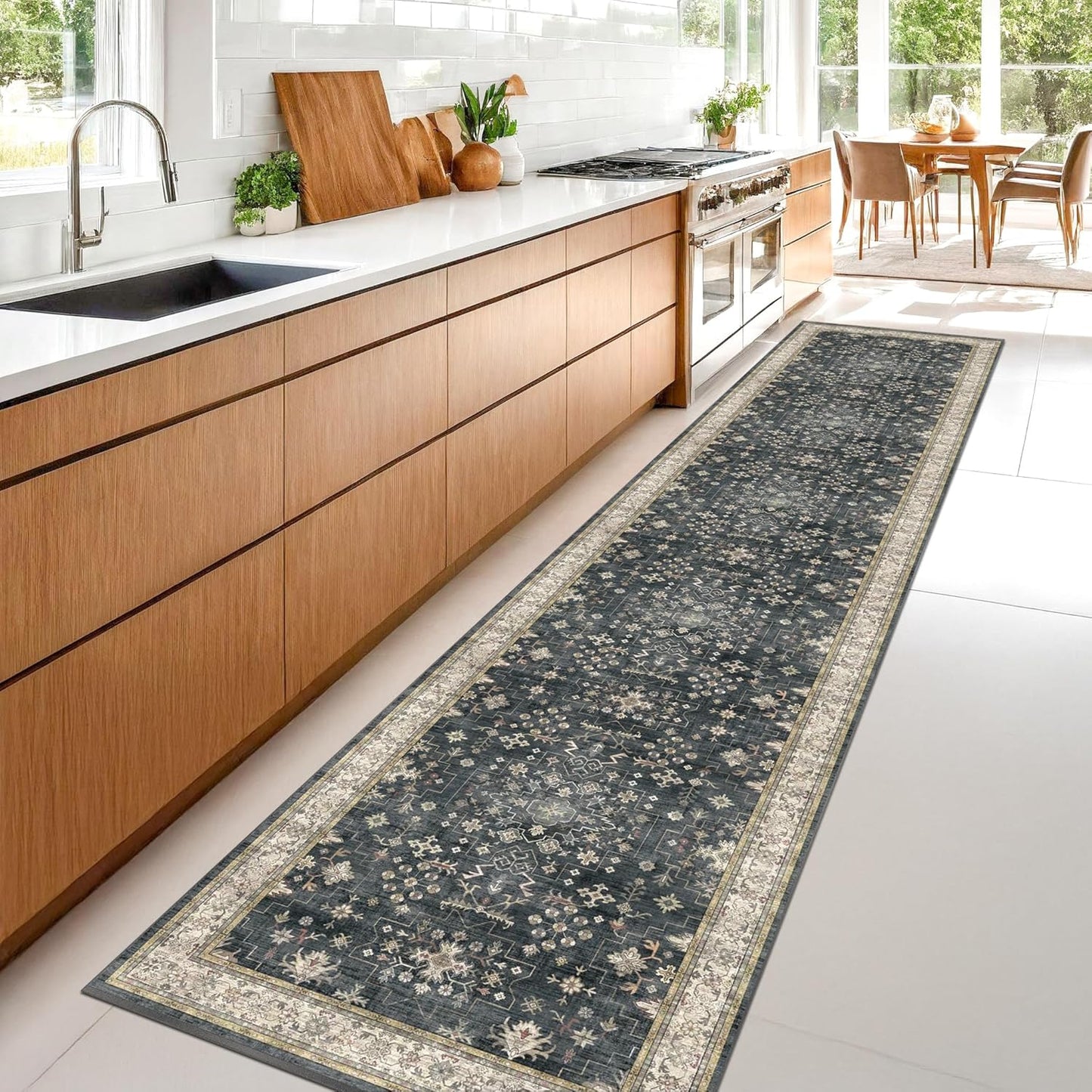 Black Boho Washable 3x10 Extra Long Hallway Runner Rug, Waterproof Large Kitchen Floor Rug Indoor, Non-Slip Stain & Fade Resistant, Vintage Floral Decor