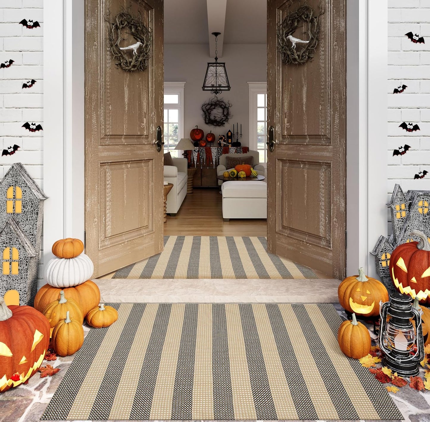 OJIA Tan Washable Outdoor Rug 3'x5', Fall Front Door Mat Outside Entrance Cotton Woven Halloween Doormat Indoor Outdoor Rugs Striped Entryway Rugs Small Outdoor Door Mats for Porch Patio Kitchen Entry