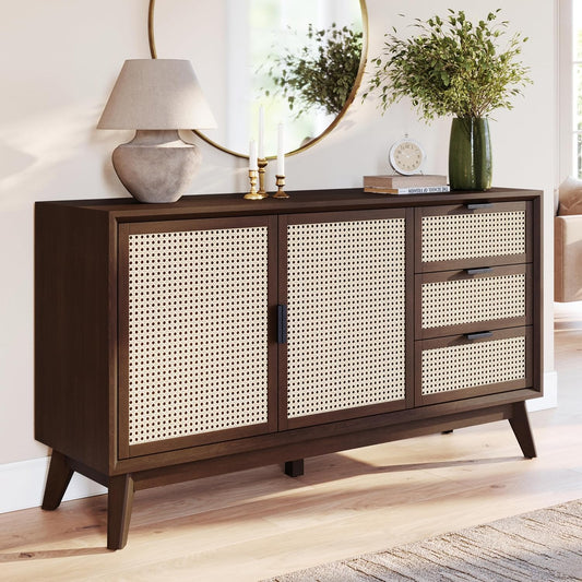 Bme Jasper Sideboard with 3 Drawers & 2 Rattan Doors, Buffet Cabinet with Storage for Dining Room, Living Room, Adjustable Shelves, Walnut