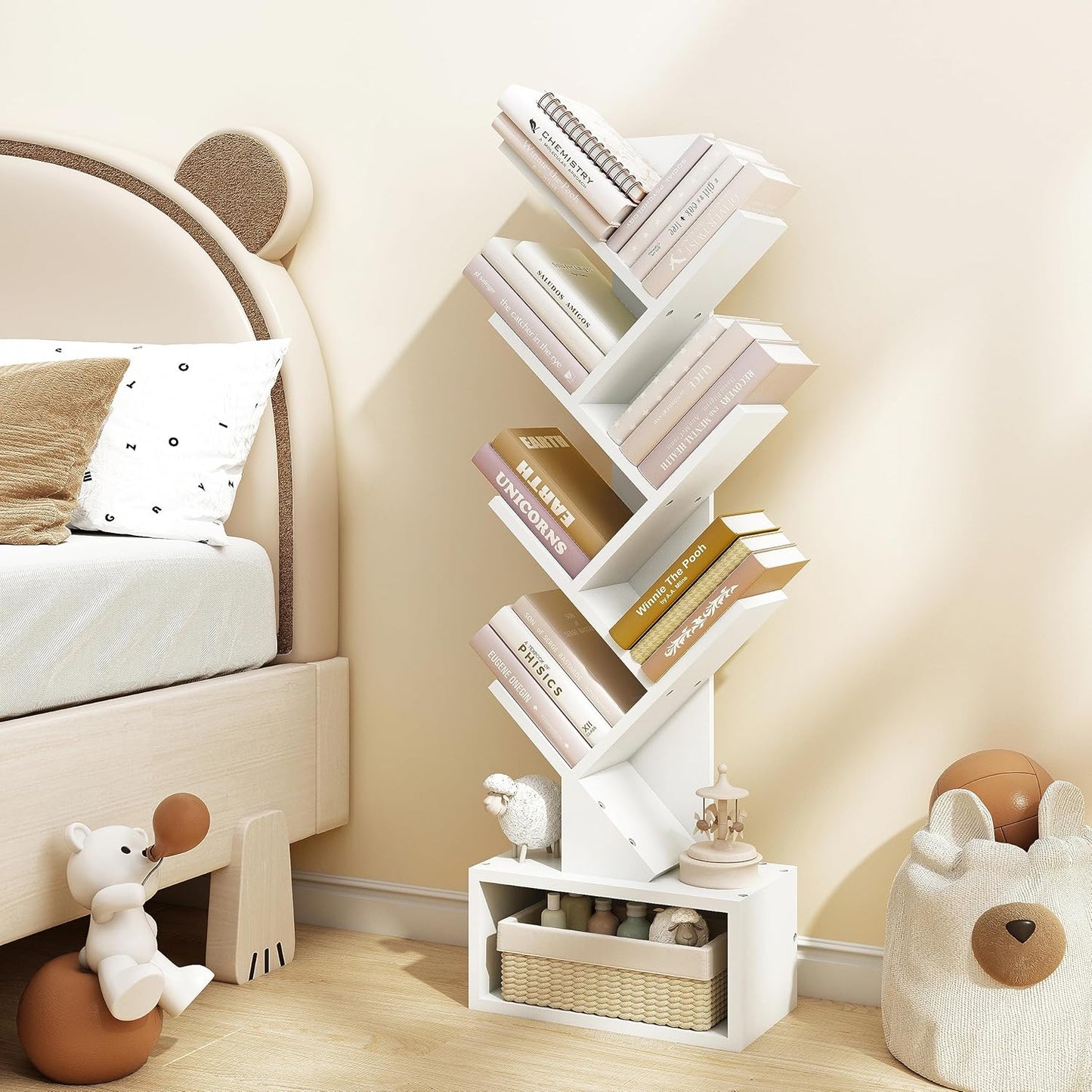 Hoctieon 6 Tier Tree Bookshelf, Tall Bookcase with Drawer, Freestanding Book Shelf, Display Floor Standing Storage Shelf, Book Organizer Shelves for Home Office, Living Room, Bedroom, White