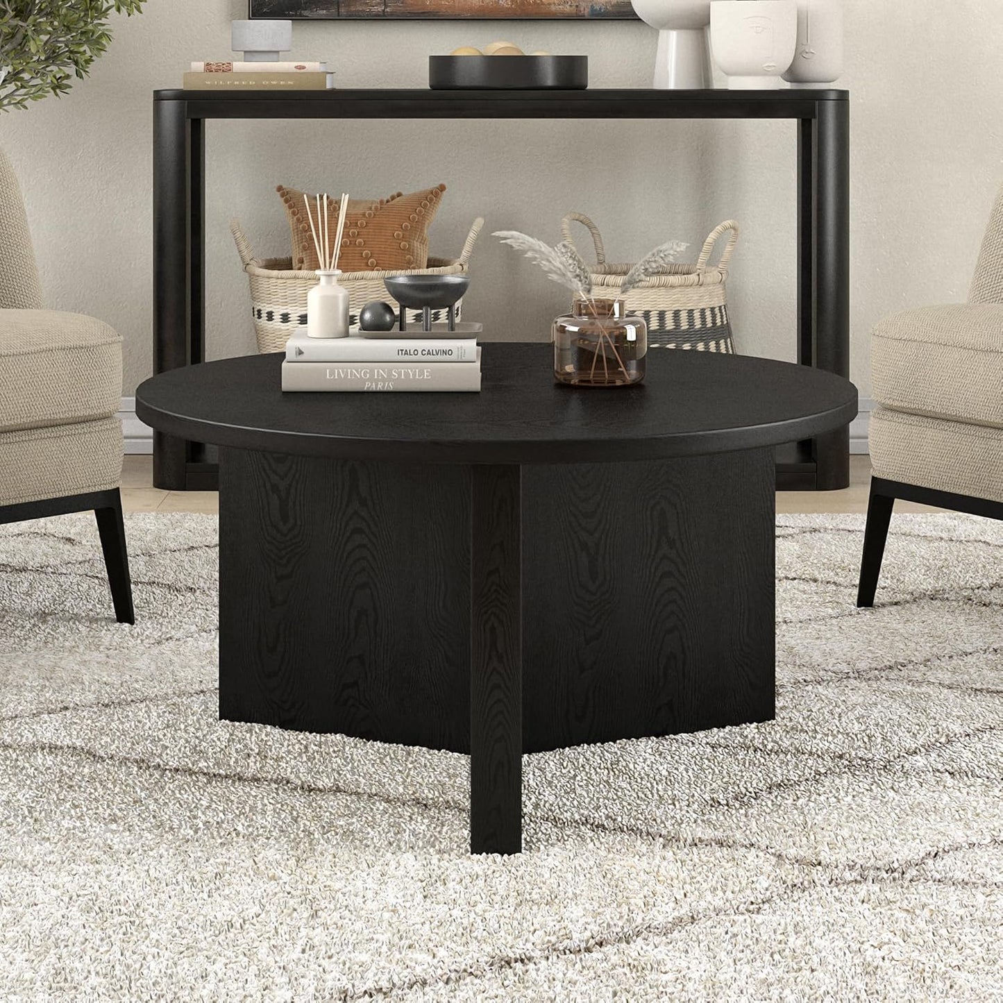 Henn&Hart 32" Round Wood Pedestal Coffee Table for Living Room, Family Room, Office, or Apartment, Black Grain