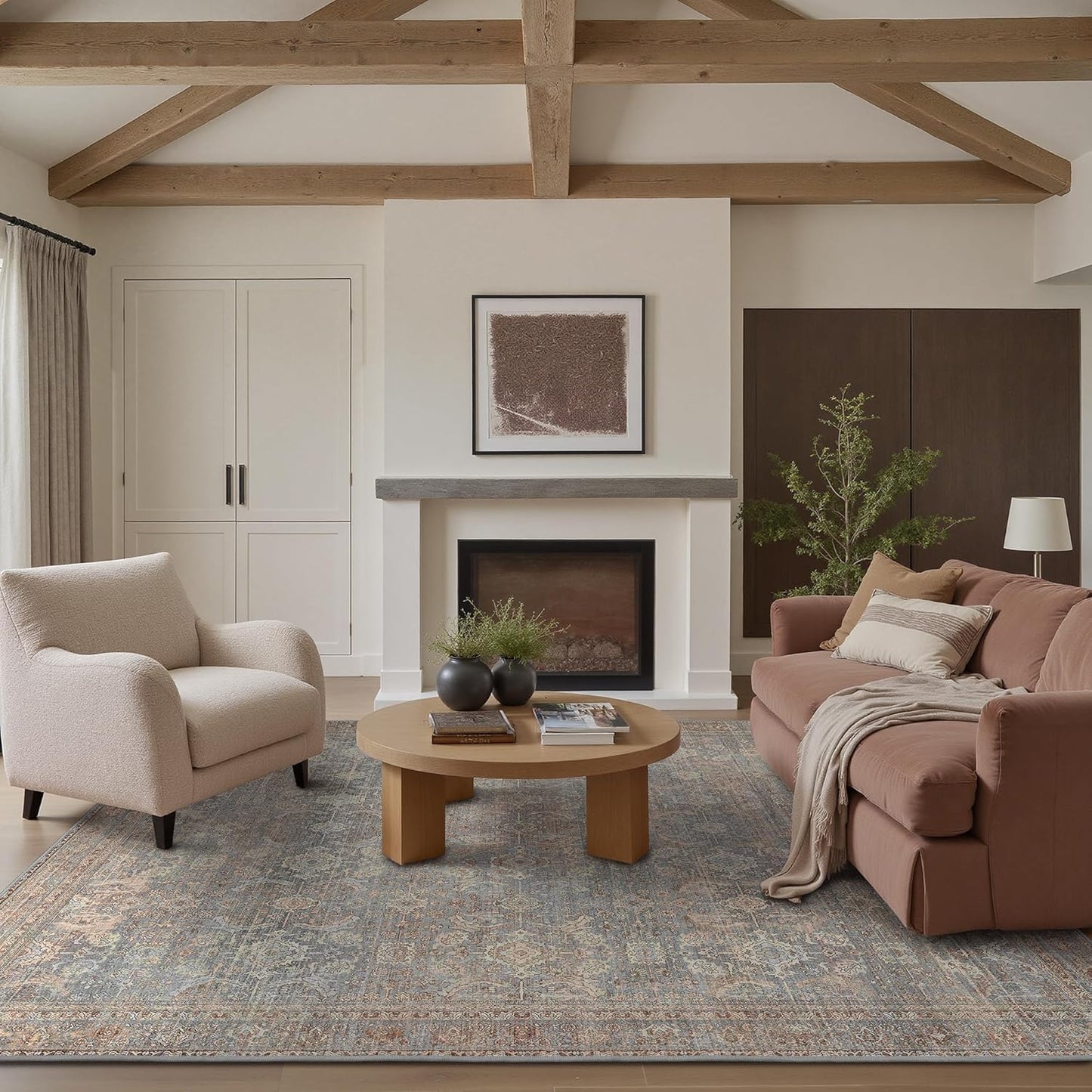 9X12 Area Rugs Machine Washable Rugs for Living Room, Vintage Boho Large Rugs for Bedroom Dining Room, Non Slip Indoor Soft Distressed Lightweight Thin Low Pile Carpet, Dusty Blue