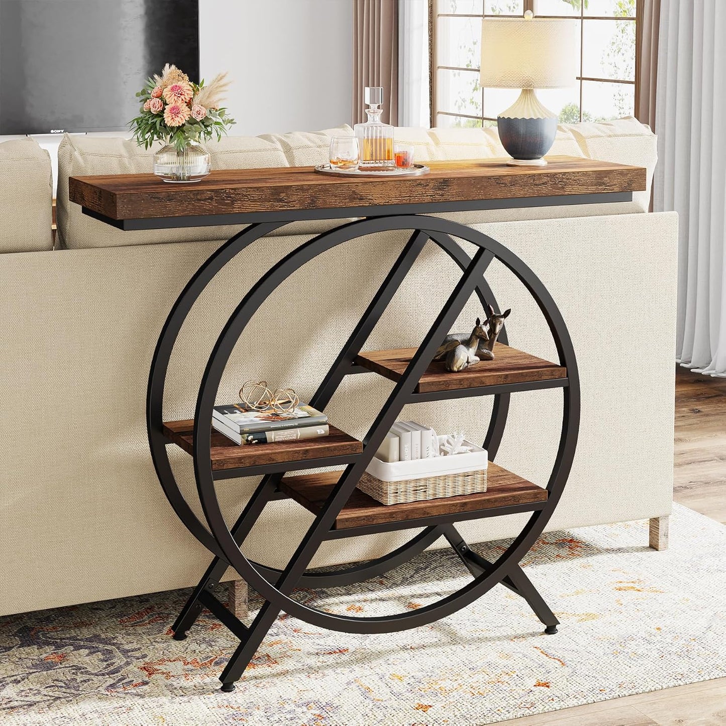 Tribesigns Console Table, 40-Inch Entryway Table with Storage Shelves, 4-Tier Industrial Hallway Sofa Table with Geometric Metal Frame, Accent Table for Living Room, Entryway, Rustic Brown