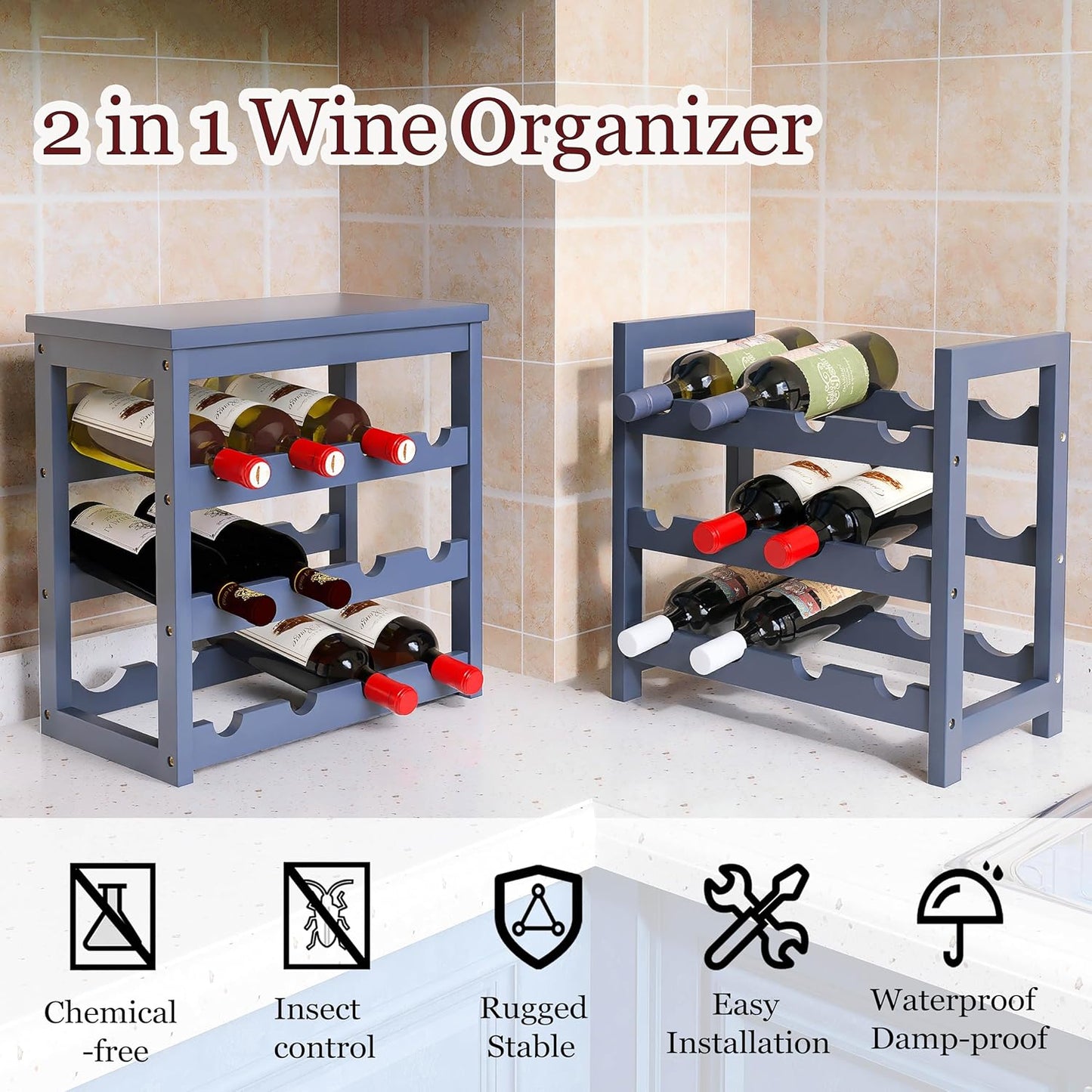 Wine Rack, 6 Tier 24 Bottles Bamboo Wine Organizer Holder, Floor Freestanding Wobble-Free Wine Display Storage Shelf for Kitchen with Tabletop, Grey