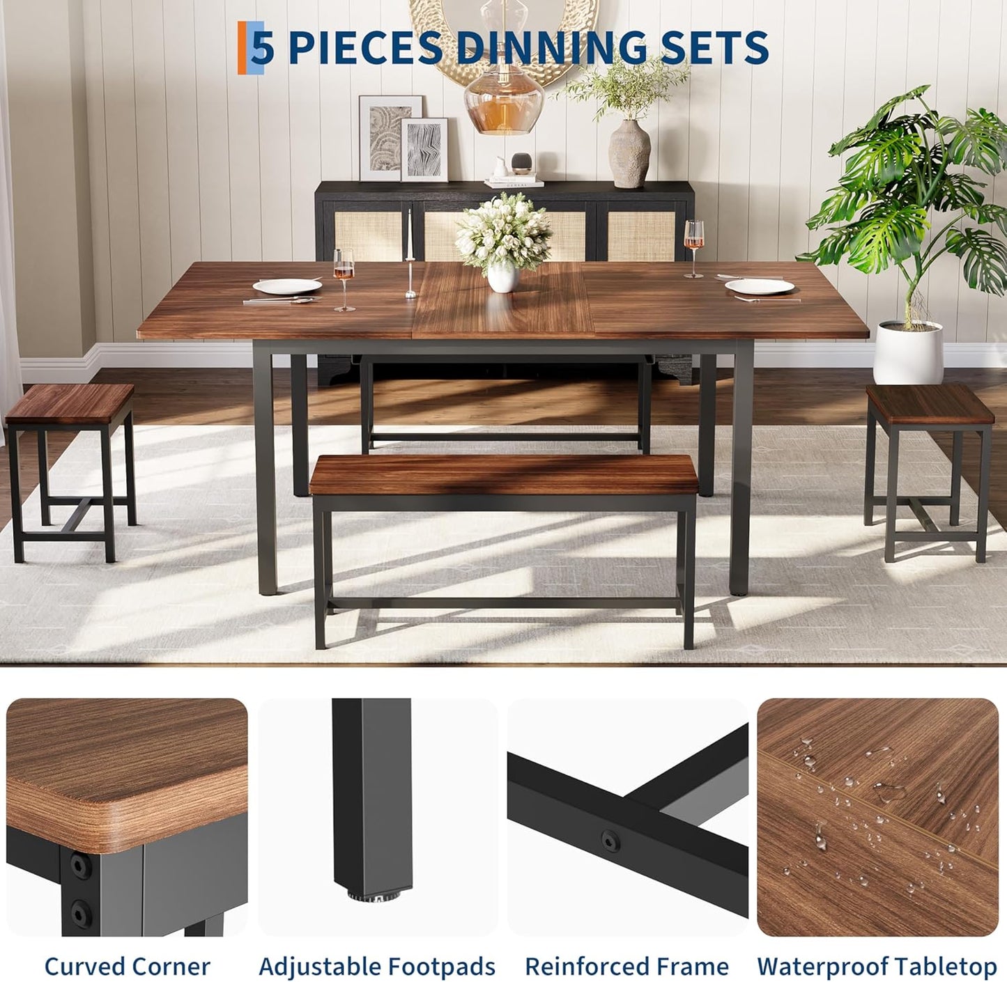 Garvee 5 PCs Extendable Dining Table Set for 4-8 People, 63 Inch Kitchen Table with 2 Benches & 2 Stools, Modern Dining Room Furniture Sets, Easy Assembly