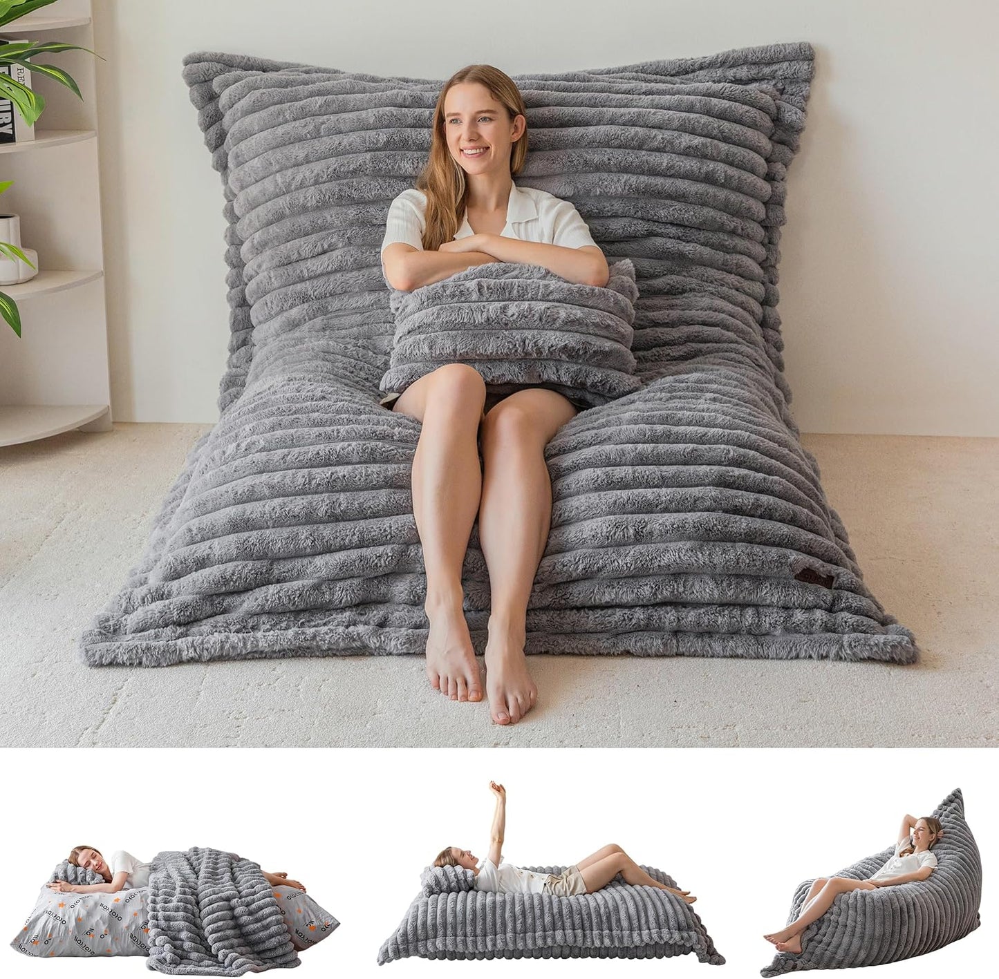 MAXYOYO Giant Bean Bag Chair with Pillow, 3 in 1 Convertible Bean Bag Chair for Adults with Washable Cover, Removable Floor Cushion Stuffed Floor Lounger for Living Room Bedroom, Grey