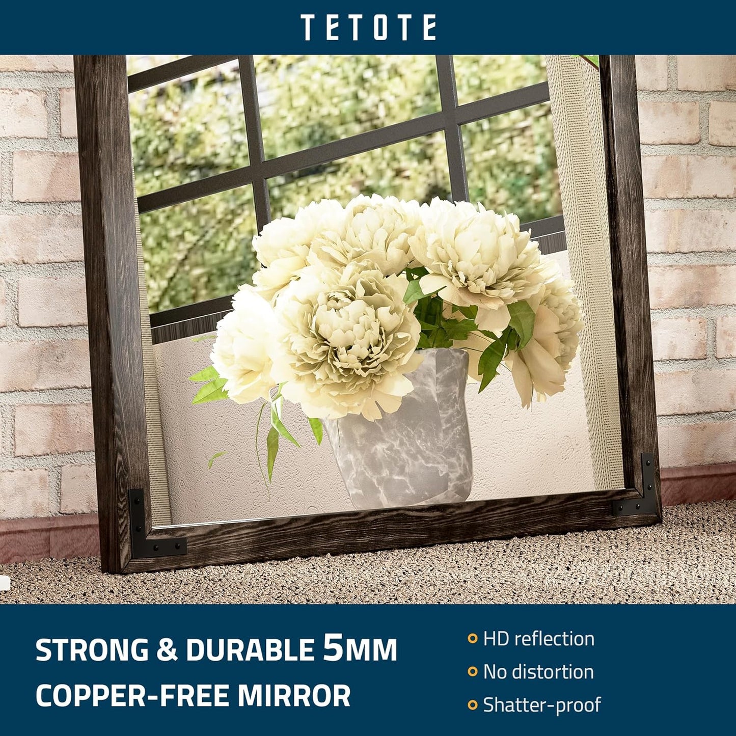 TETOTE 48 x 30 Black Wood Mirror for Bathroom Wall/Bedroom/Living Room/Entryway Farmhouse Rustic Wall Mirror Waterproof (Horizontal/Vertical Mounted)