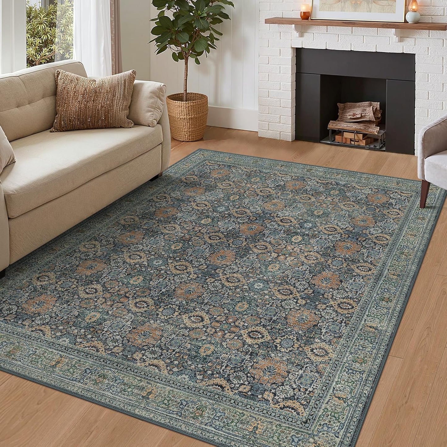 10X14 Area Rugs Machine Washable Rugs for Living Room, Vintage Boho Large Rugs for Bedroom Dining Room, Non Slip Indoor Soft Distressed Lightweight Thin Low Pile Carpet, Beige Blue Grey