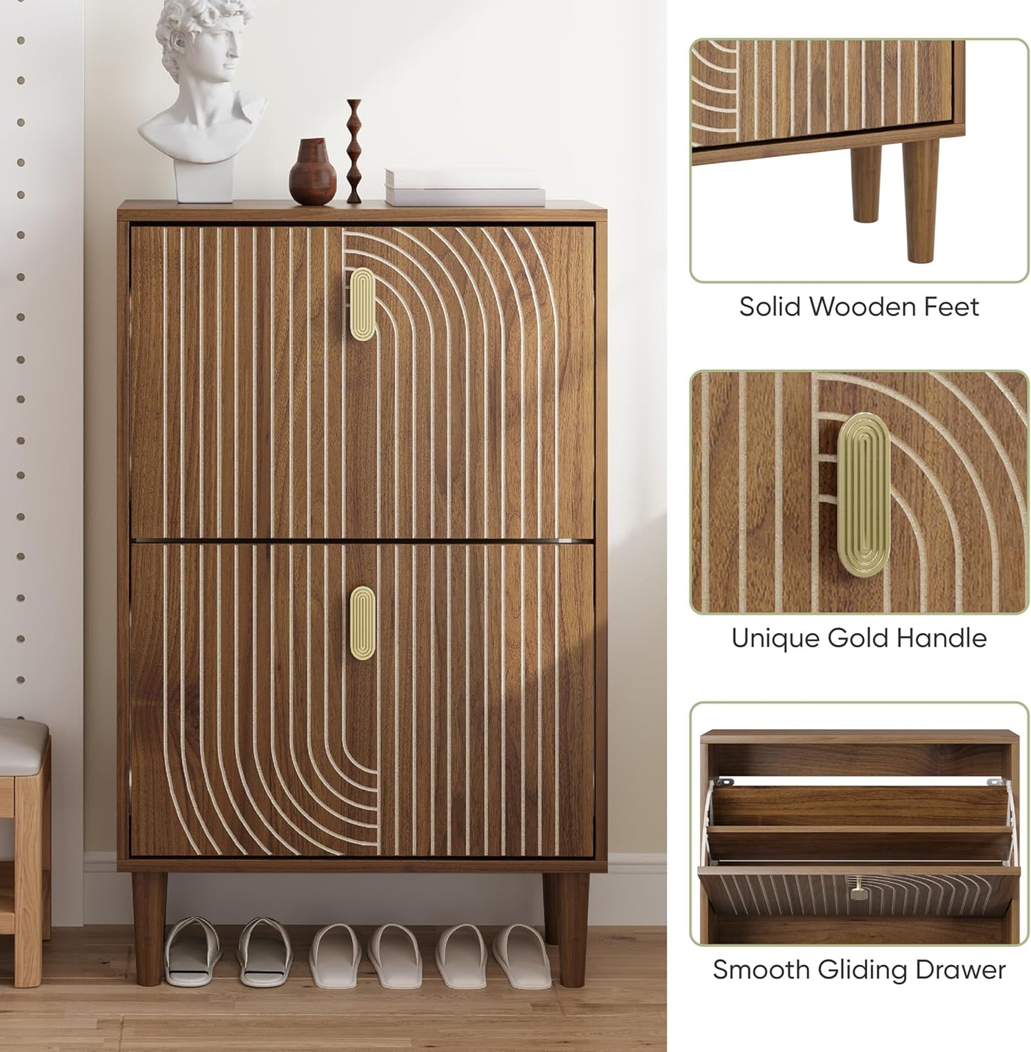 Smuxee Shoe Cabinet with 2 Flip Drawers, 23.6" Walnut Hidden Shoe Storage Cabinet with Line Groove Design, Freestanding Shoe Organizer Cabinet for Entryway, Hallway, Living Room