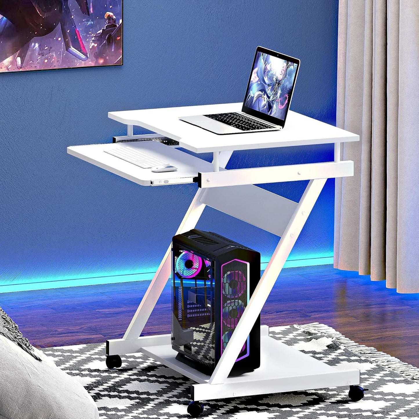 soges Small Rolling Computer Desk, Z Shape Laptop Desk Cart on Wheels, Mobile Computer Workstation for Home and Office with Keyboard Tray, White