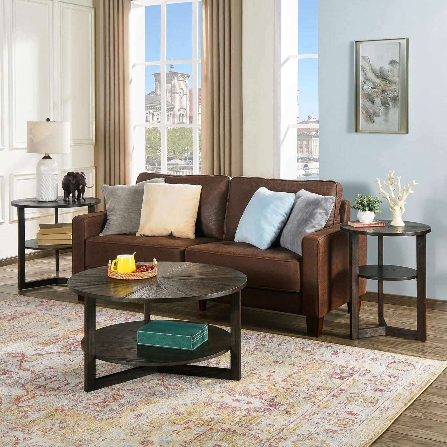 Large Round End Table with Storage Shelf, Rustic Beside Tables with Umbrella Top,Traditional Circular Sofa Side Table, 25.2”D Telephone Table for Living Room Easy Assembly Brushed Black CJZ3338BK