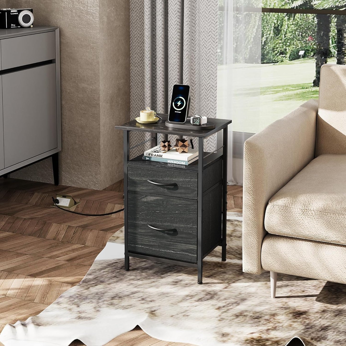 WLIVE Nightstand with Charging Station, Side Table with 2 Fabric Drawers, End Tables for Bedroom, Small Dresser, USB Ports and Outlets, Charcoal Black