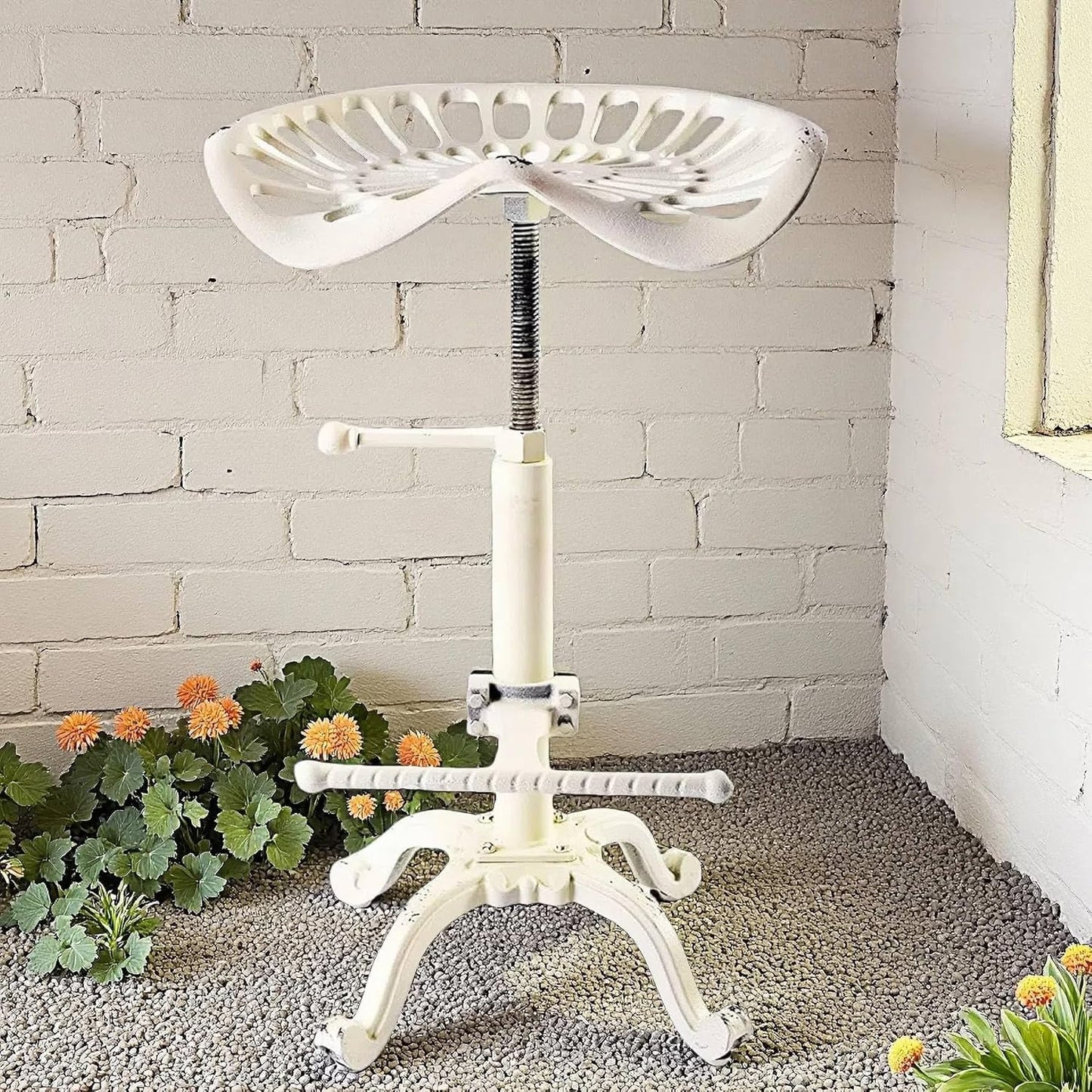 Diwhy Rustic Industrial Farmhouse Tractor Seat Adjustable Height 21.65-27.56in Bar Stool Industrial Bar Chair (Aged White, Cast Iron)