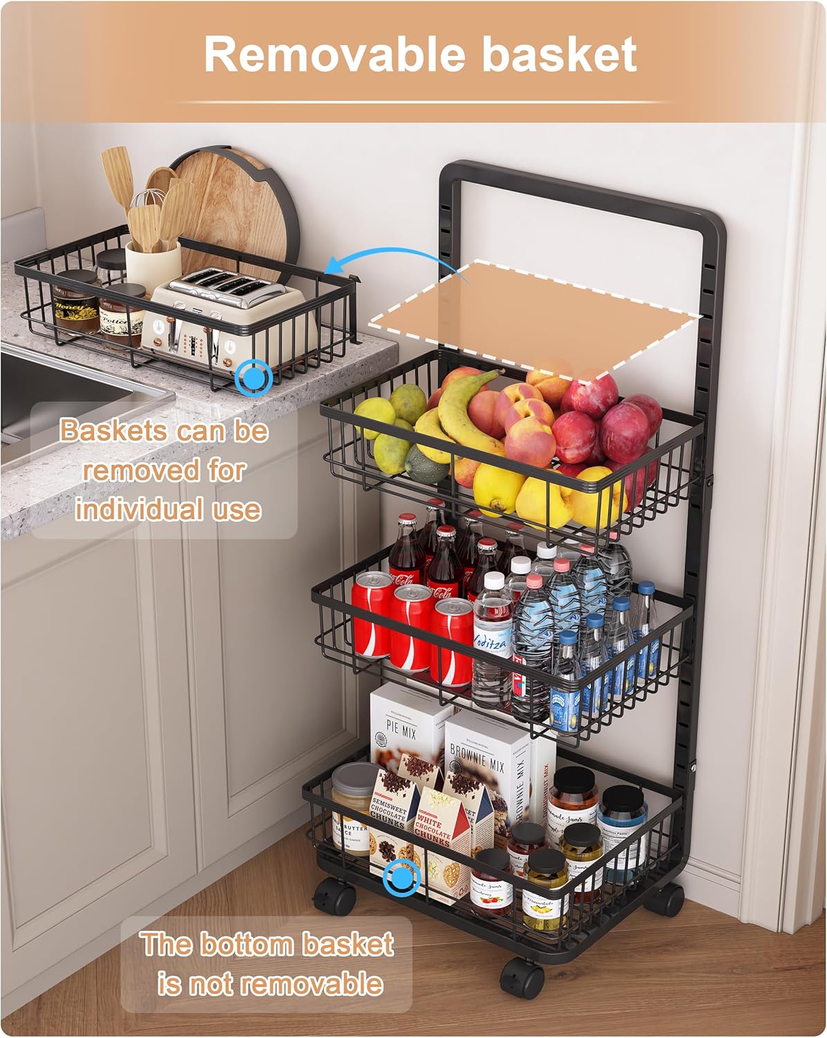 UMDONX 4-Tier Kitchen Storage Cart Metal Snack Cart Adjustable Fruit Basket on Wheels Stand Baskets for Potato Onion Produce Black