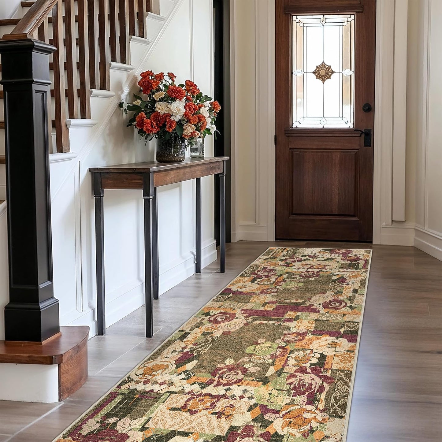 GENIMO Floral Runner Rug 2X6, Machine Washable Non Slip Vintage Patchwork Hallway Runner, Ultra-Thin Low Pile Runners for Indoor Entryway, Hallway, Kitchen and Corridor, Auburn Cinnamon