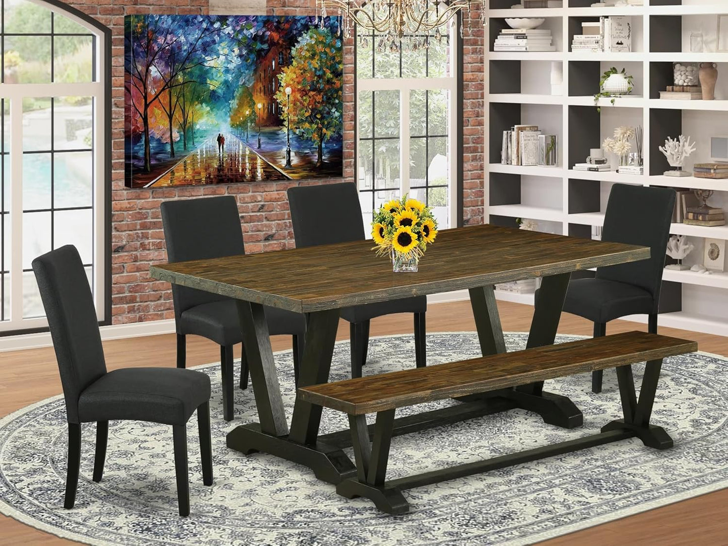 East West Furniture V677DR124-6 6 Piece Dining Table Set Contains a Rectangle Wooden Table with V-Legs and 4 Black Color Linen Fabric Parson Chairs with a Bench, 40x72 Inch, Multi-Color
