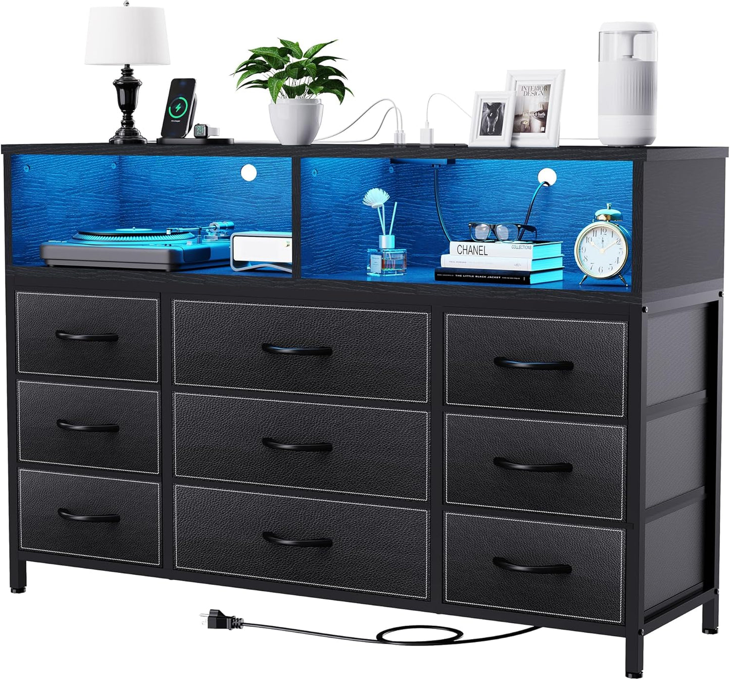 Black Dresser for Bedroom, 9 Drawers Led Dresser TV Stand with Power Outlets and LED Lights, Long Fabric Dressers Wide Chest of Drawers with Large Organizer for Living Room, Entryway, Hallway