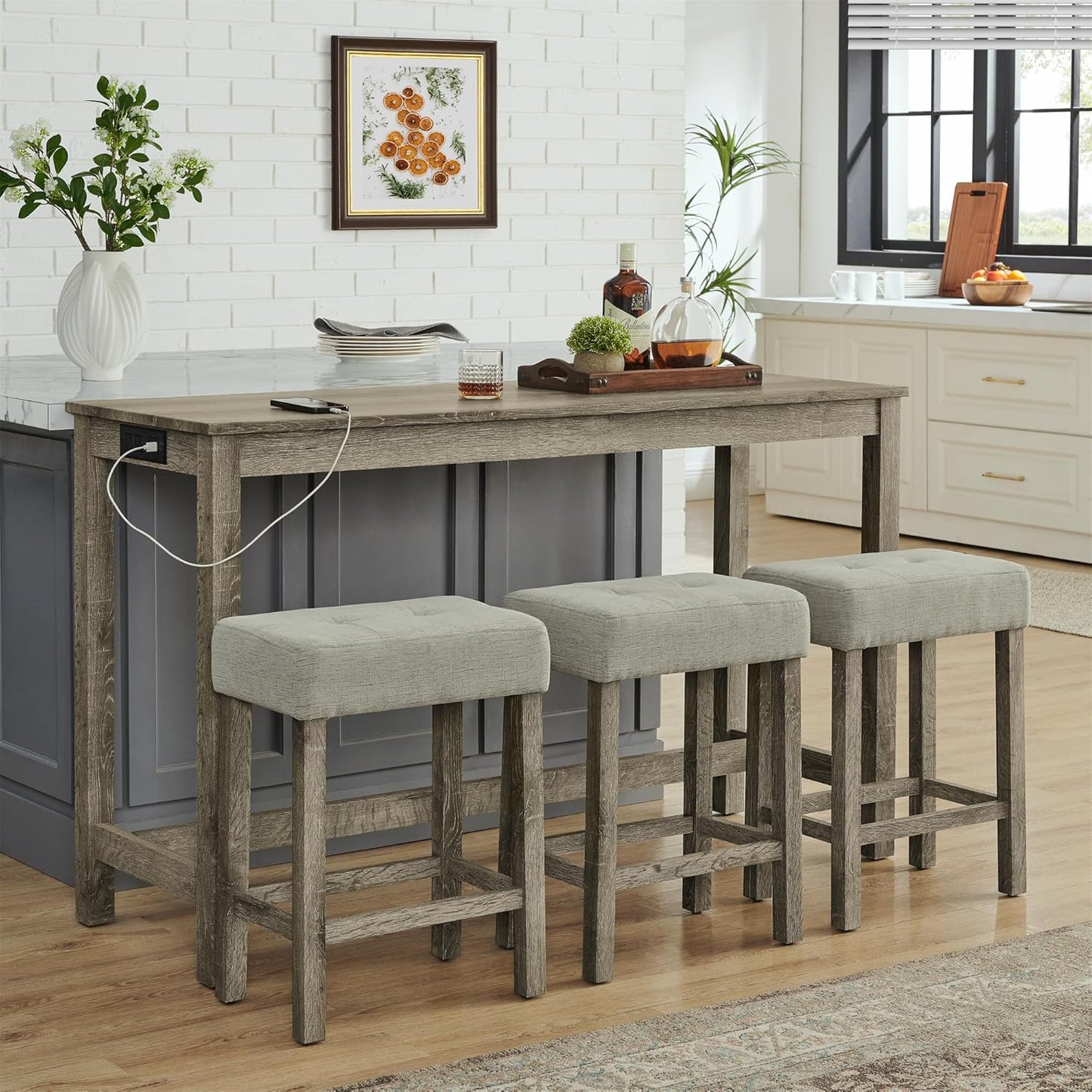 Ball & Cast 4 Piece Kitchen Dining Room Table and Chairs Set, Farmhouse Wooden Counter Height Bar-Sets w/USB Ports & Power Outlet & 3pcs Stools, 59" Sofa-Table Barstool w/Charging Station, Brown