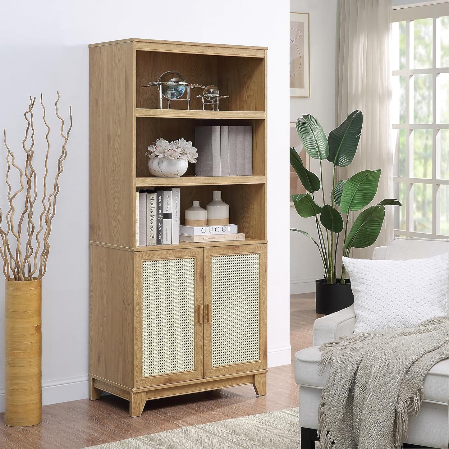 Manhattan Comfort Sheridan Modern Cane Bookcase with Adjustable Open Shelves, Soft Close Doors, and Concealed Compartments, Versatile 3 Tier Bookshelf Storage for Home and Office, Set of 1, Nature