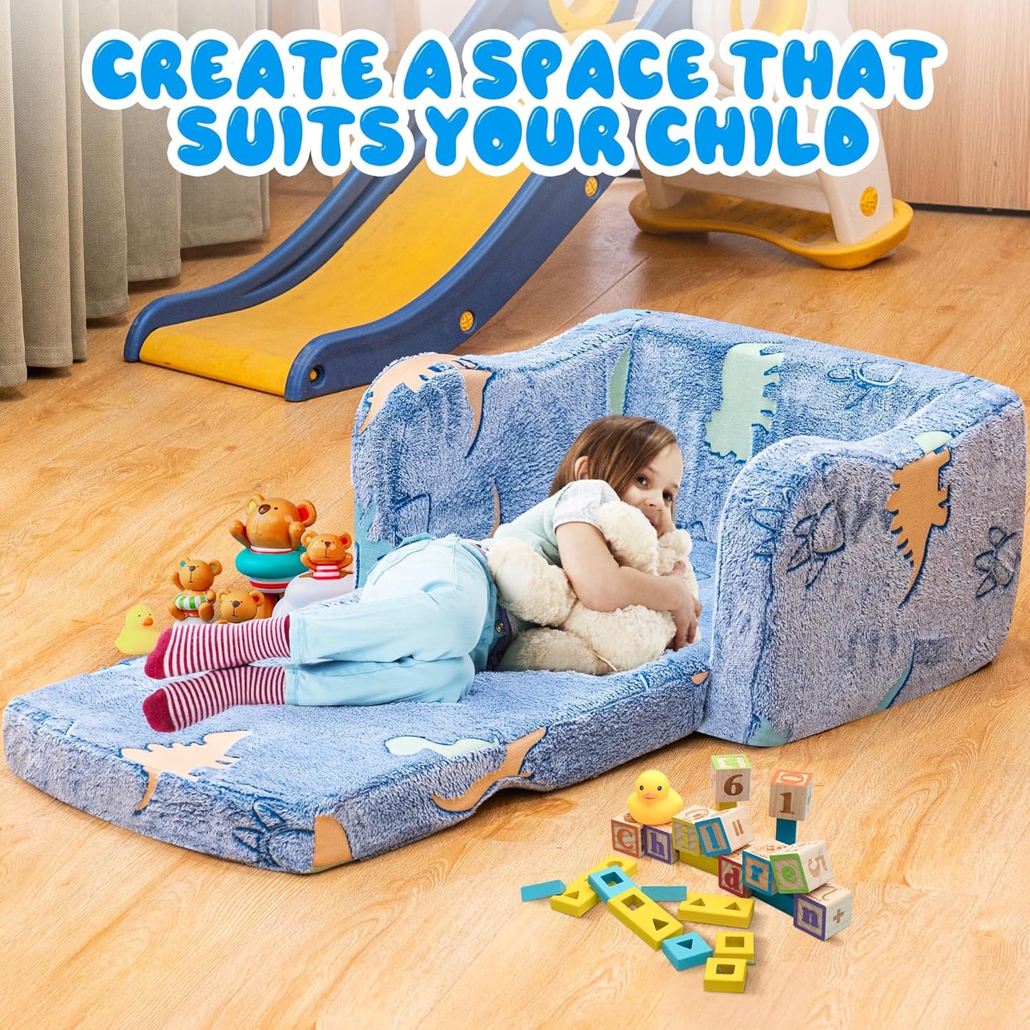 Lamerge 2-in-1 Toddler Couch,Glow in The Dark Baby Floor Bed,Foldable Toddler Chair Kids Sofa for playroom,Convertible Sofa to Lounger for Girls and Boys (Blue and Dinosaur)