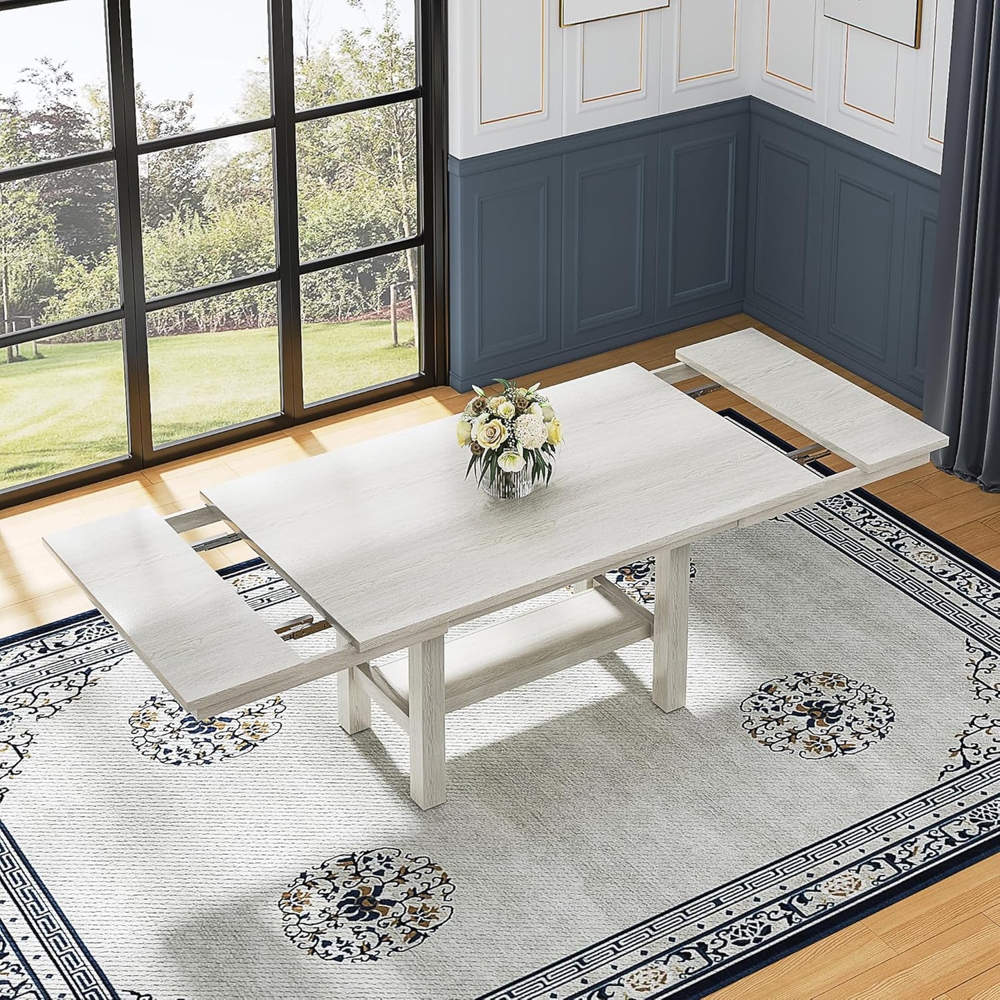 6-Piece Solid Wood Dining Table Set for 6, Extendable Table with 4 Upholstered Chairs and 1 Bench– Easy Assembly for Indoor Use, Kitchen, Dining Room, Grey