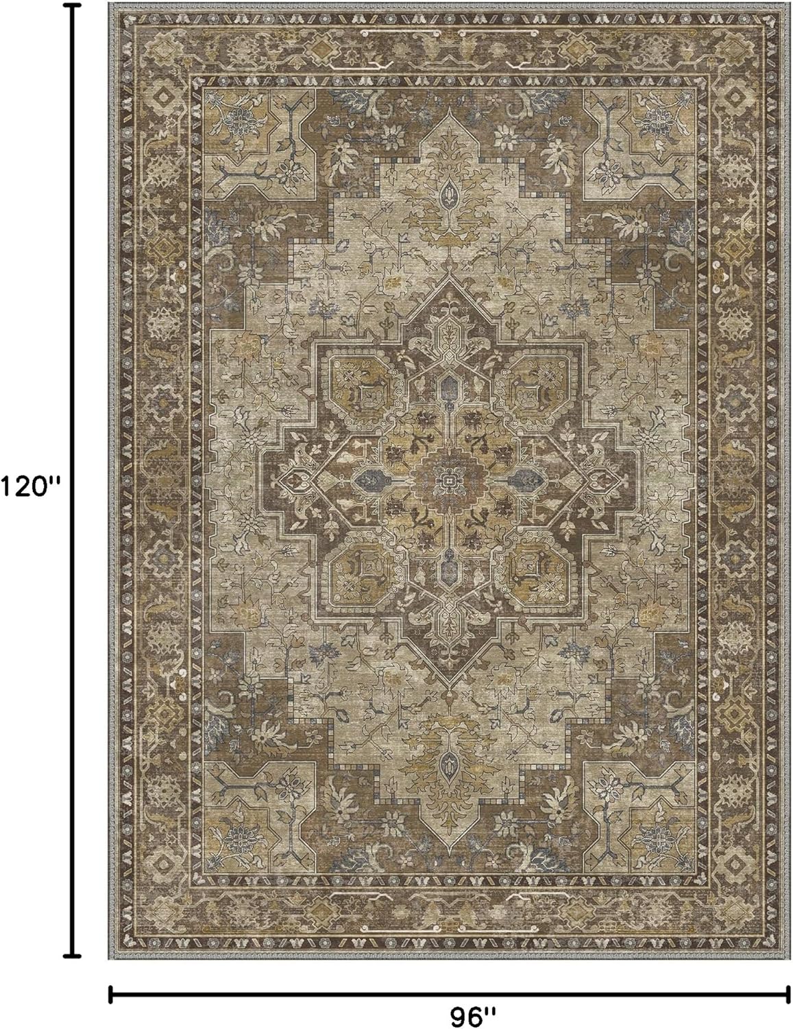 GENIMO 8x10 Area Rugs for Living Room, Machine Washable Non Slip Vintage Rugs, Low Pile Lightweight Chenille Print Rug for Bedroom, Dining Room, Home Office, Rustic Brown