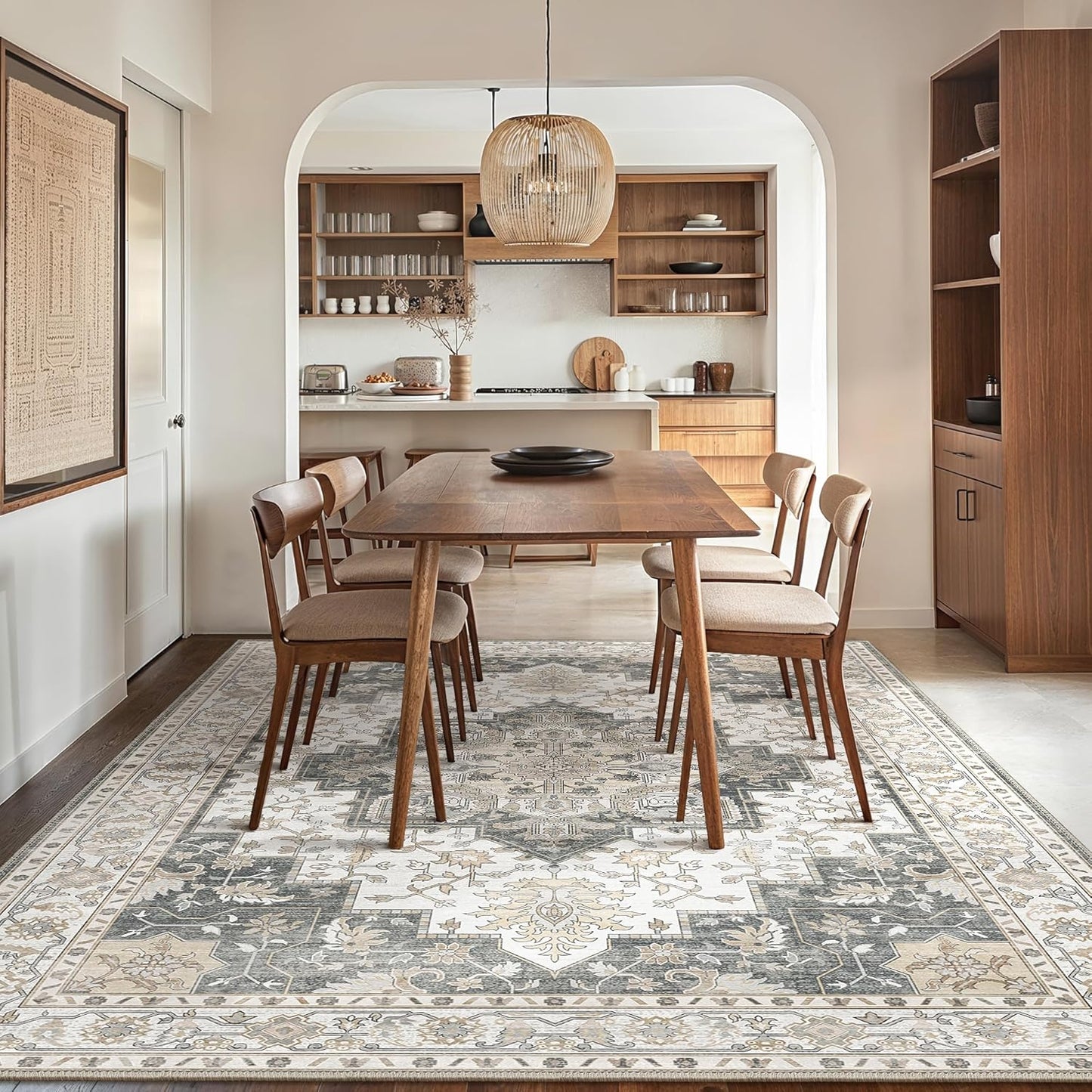 GENIMO 8x10 Area Rugs for Living Room, Machine Washable Non Slip Vintage Rugs, Low Pile Lightweight Chenille Print Rug for Bedroom, Dining Room, Home Office, Heathered Grey