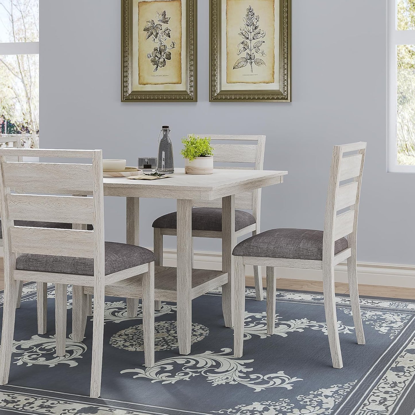 5-Piece Solid Wood Dining Table Set for 4, Modern Breakfast Dinette Kitchen Table with Bench & Chairs for Dining Room, Kitchen, Grey