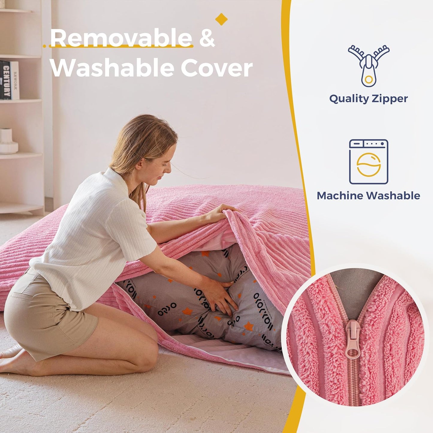 MAXYOYO Giant Bean Bag Chair with Pillow, 3 in 1 Convertible Bean Bag Chair for Adults with Washable Cover, Removable Floor Cushion Stuffed Floor Lounger for Living Room Bedroom, Pink, Queen