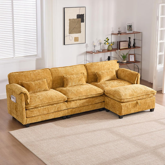 Ball & Cast Modular L Shaped Sectional Sofa,Comfy Cloud Couch W/Movable Storage Ottoman,4 Seater Sectional Sofa W/USB Charging Port,Phone Holder&Side Pocke,Chenille Fabric,for Living Room,Yellow,109"