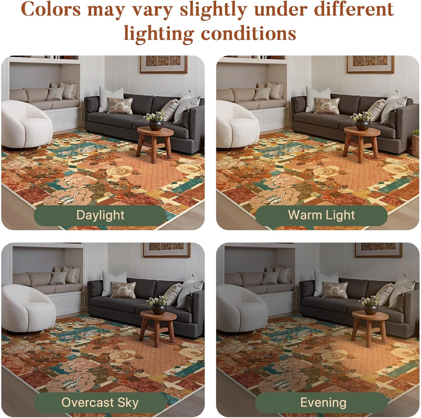 GENIMO 5X7 Floral Area Rugs for Living Room, Machine Washable Non Slip Vintage Patchwork Washable Rug, Ultra-Thin Low Pile Chenille Rugs for Bedroom, Dining Room, Rose Red