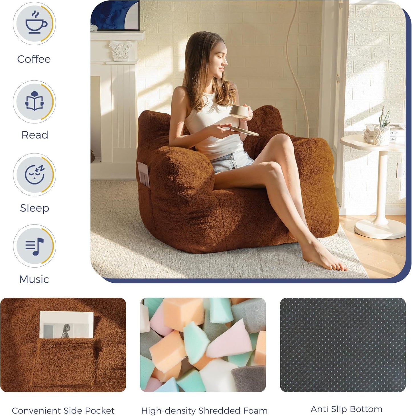 MAXYOYO Bean Bag Chair, Tufted Bean Bag Sofa with Boucle Fabric, Comfy Lazy Chair with Filler, Living Room Sofa for Adults Teens, Accent Couch for Bedroom Dorm, Coffee