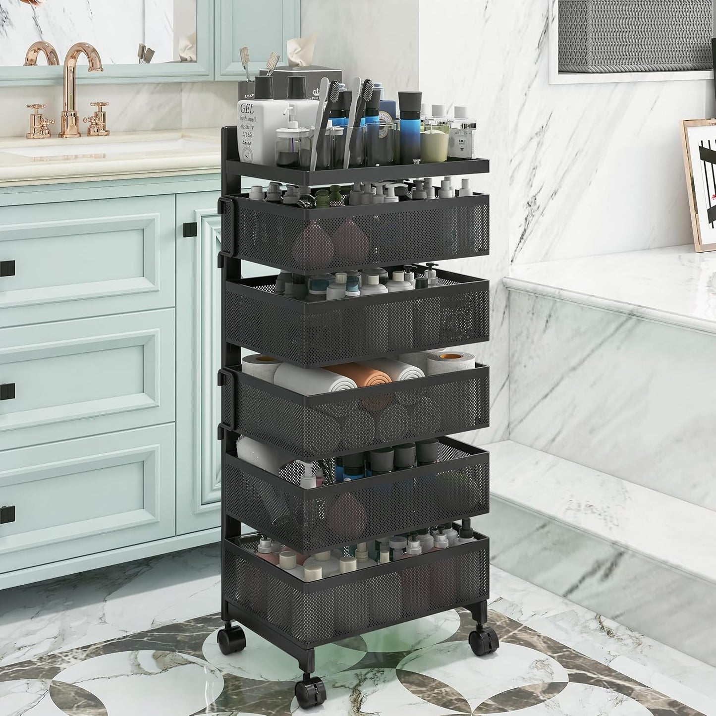 Rolling Rotating Storage Cart No Assembly Required，Bathroom Shelf Fruit and Vegetable Basket for Kitchen,Storage Drawer Organizer Cart ，Metal Utility cart on Wheels(Black, 5 Tier-Square)