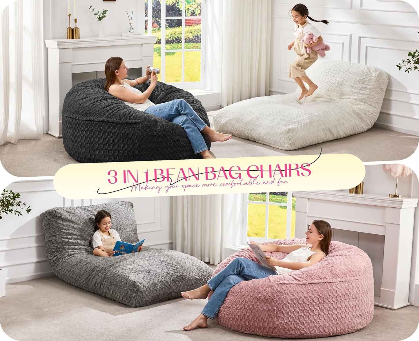 Hobestluk Bean Bag Chair Convertible Beanbag Chairs for Adults, 3 in 1 Bean Bags with Plush Chevron Cover, Adult Bean Bag Chair for Living Room, Bedroom (Grey, Queen)