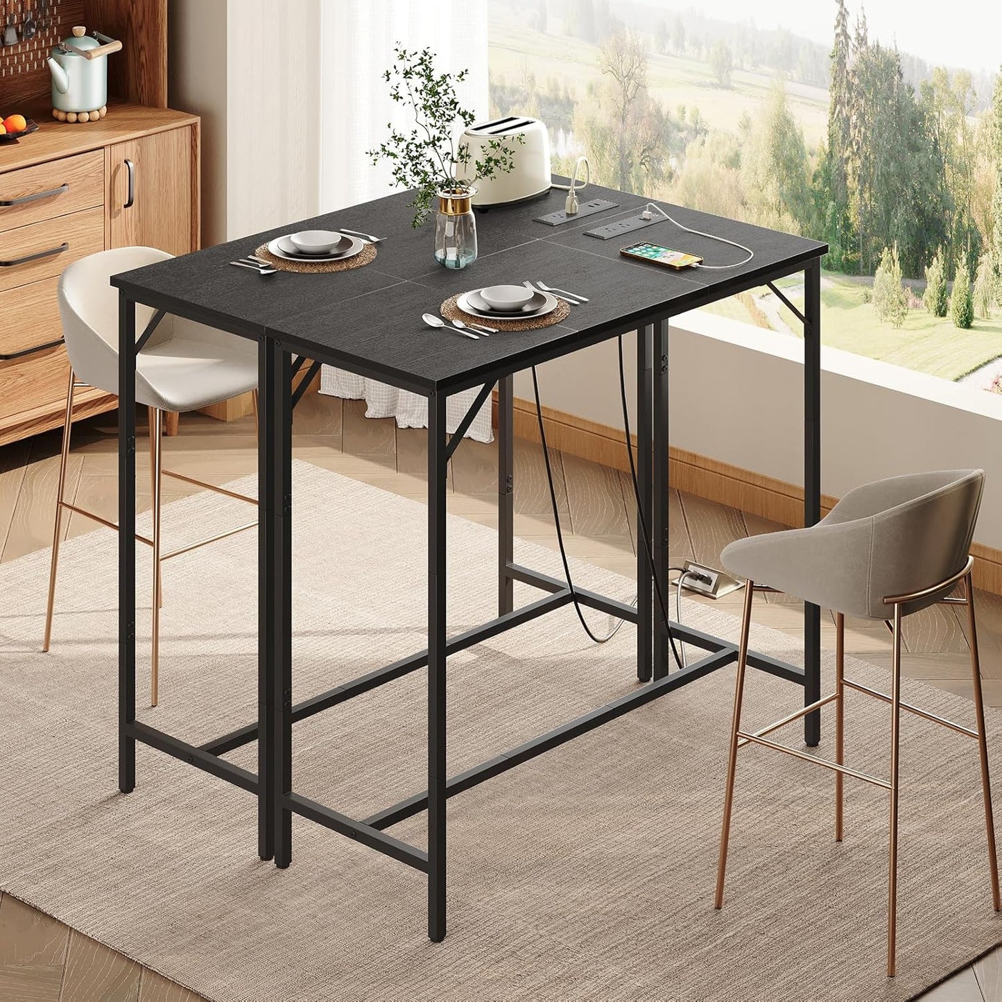 HOOBRO Bar Table with Charging Station, Rectangular Pub Table, High Top Coffee Table, Counter Bar Height Table, Narrow Long Dining Table, 35.4" L x 15.7" W x 35.6" H, Black BB90UBT01N1