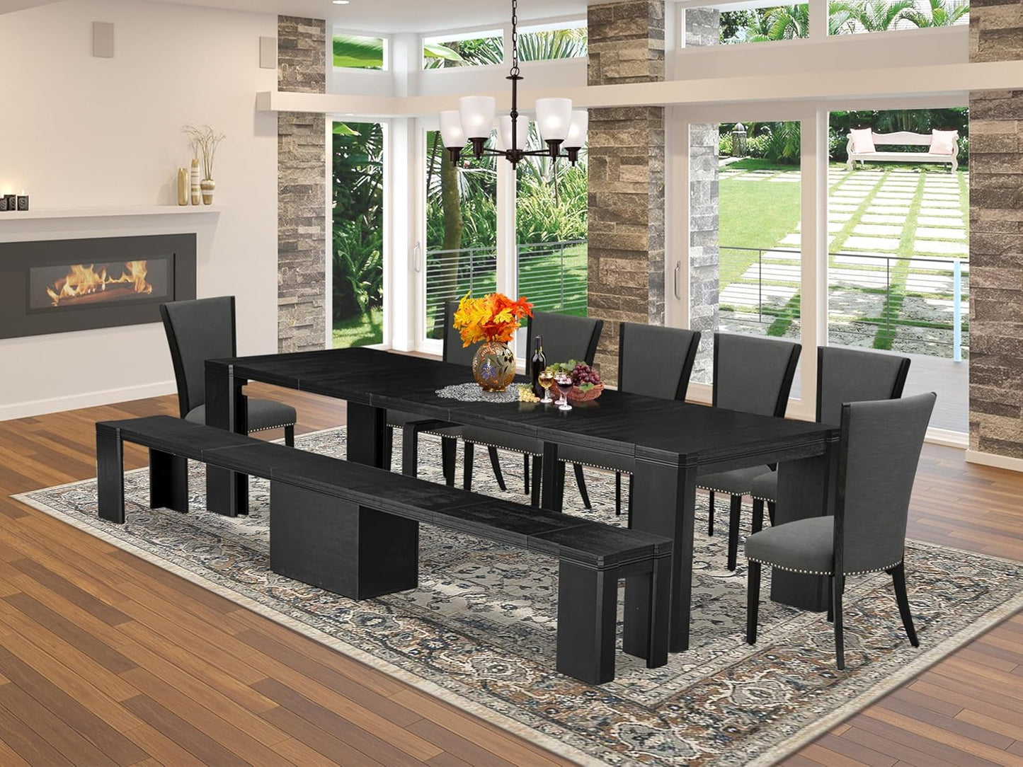 X07VE-B06-50 - 9-Pc Dining Room Table Set a Rectangular Dining Table and wooden Benches and 7 Dark Gotham Grey Linen Fabric Dining Chair, 39x120 Inch, Wire Brushed Black