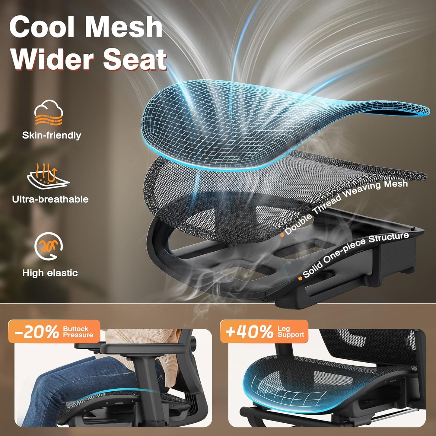 Ergonomic Office Chair with Foot Rest, Home Mesh Desk Chair with Adjustable Lumbar Support, 3D Armrest, 3D Headrest, 90°-135° Lockable Reclining Function, Comfy High Back Swivel Computer Gaming Chairs