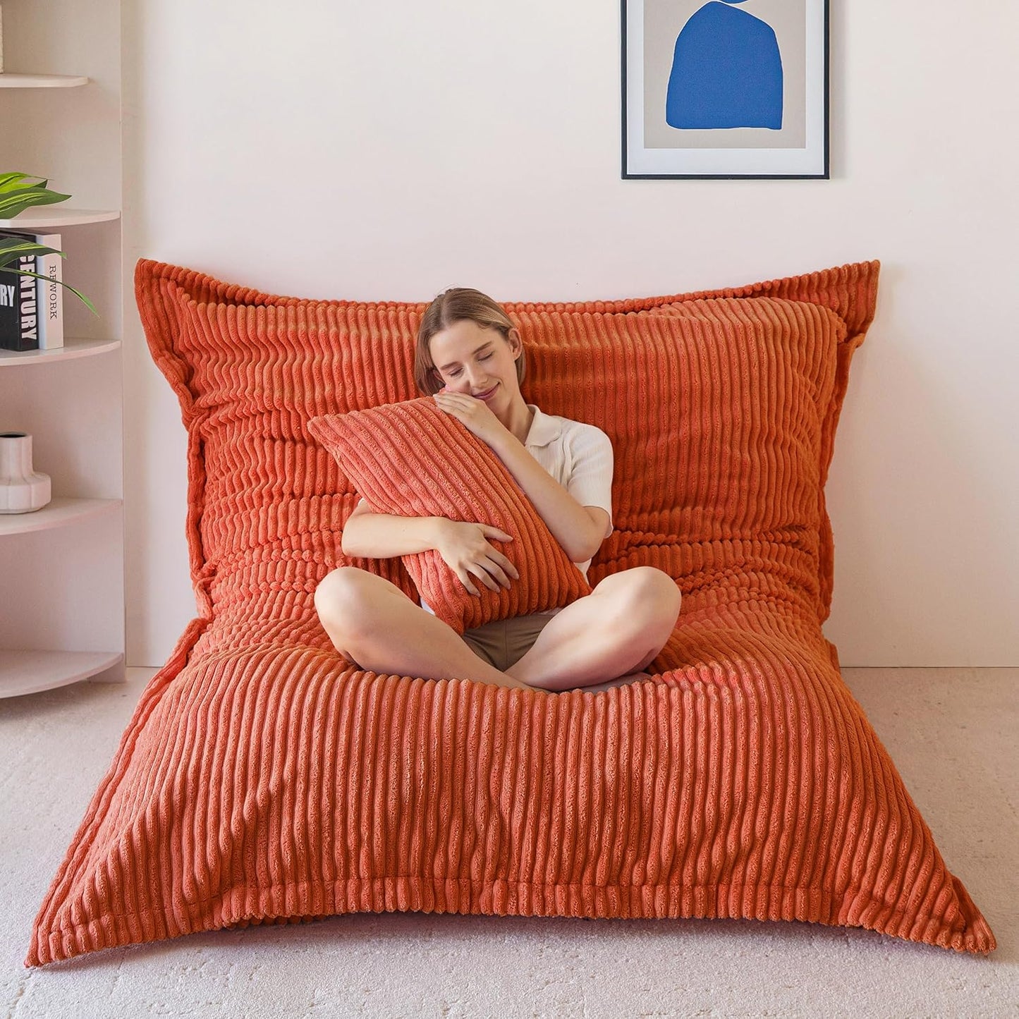 MAXYOYO Giant Bean Bag Chair with Pillow, 3 in 1 Convertible Bean Bag Chair for Adults with Washable Cover, Removable Floor Cushion Stuffed Floor Lounger for Living Room Bedroom, Orange, Full