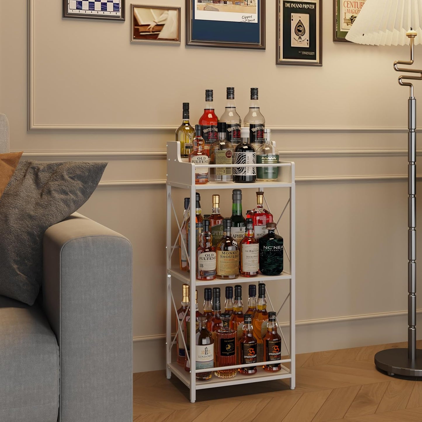 KLM Liquor Bottle Display Shelf, Liquor Cabinet bar for Home, 4 Step Liquor cabinetck, Mini bar,Liquor Cabinet, Home Retro Bar Shelf Stand for Liquor Whiskey, Spirits (White)