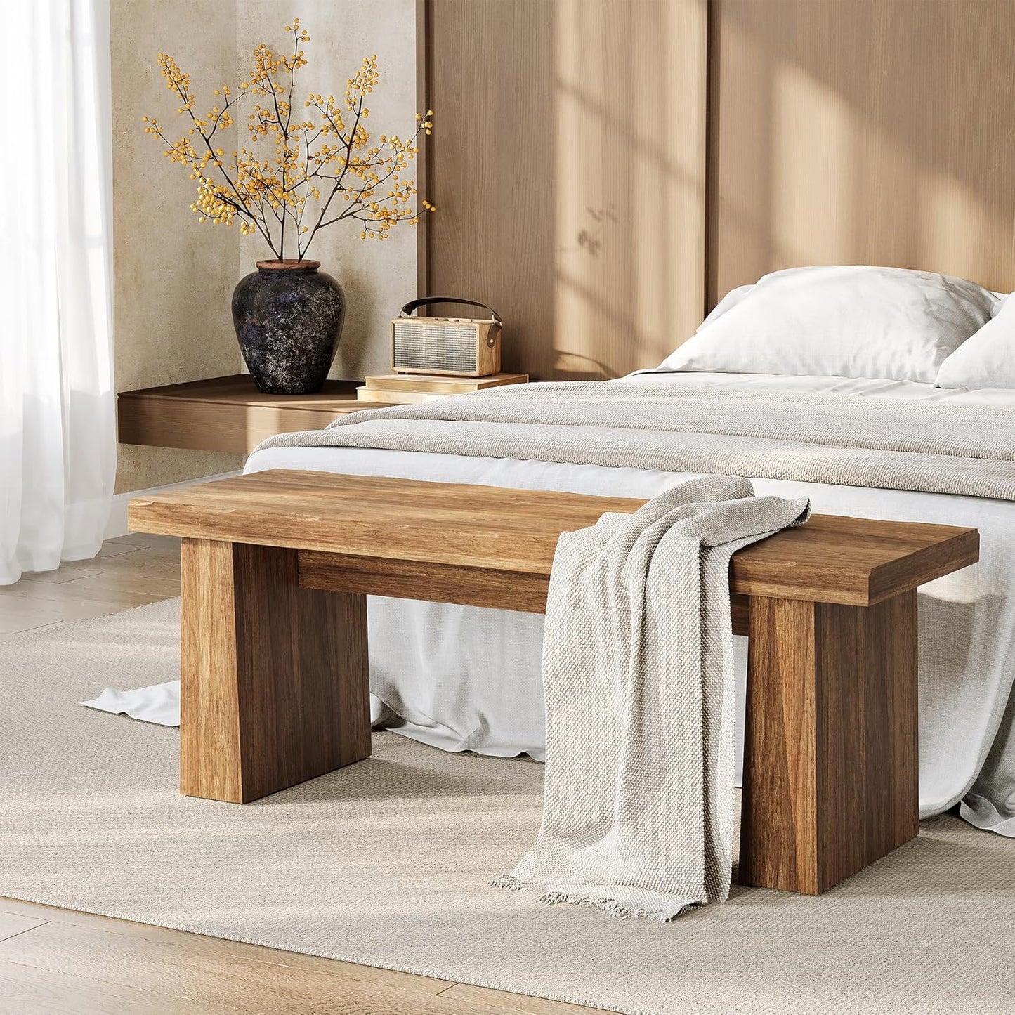 LITTLE TREE 47-Inch Wooden Entryway Bench, Farmhouse Dining Bench with Sturdy Frame for Dining Room, Bedroom, Living Room Hallway Kitchen, Easy Assembly (Walnut)