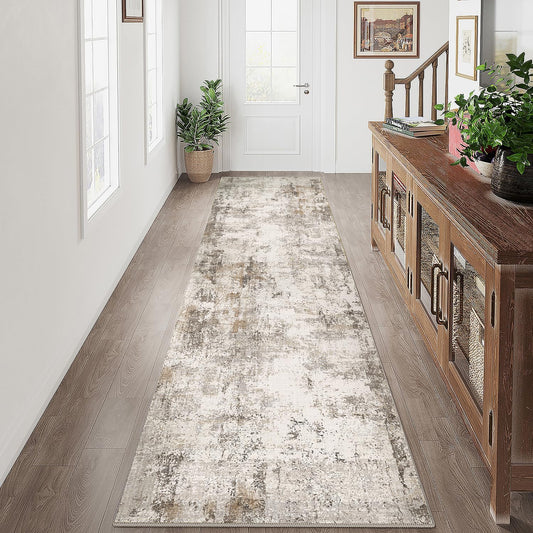 3x10 Washable Runner Rug Brown Grey Neutral Abstract Hallway Kitchen Living Room Bedroom Non Slip Throw Rug Soft Low Pile Indoor Carpet for Entrance Laundry Bathroom
