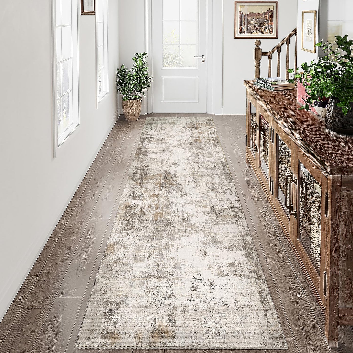 3x12 Washable Runner Rug Brown Grey Neutral Abstract Hallway Kitchen Living Room Bedroom Non Slip Throw Rug Soft Low Pile Indoor Carpet for Entrance Laundry Bathroom