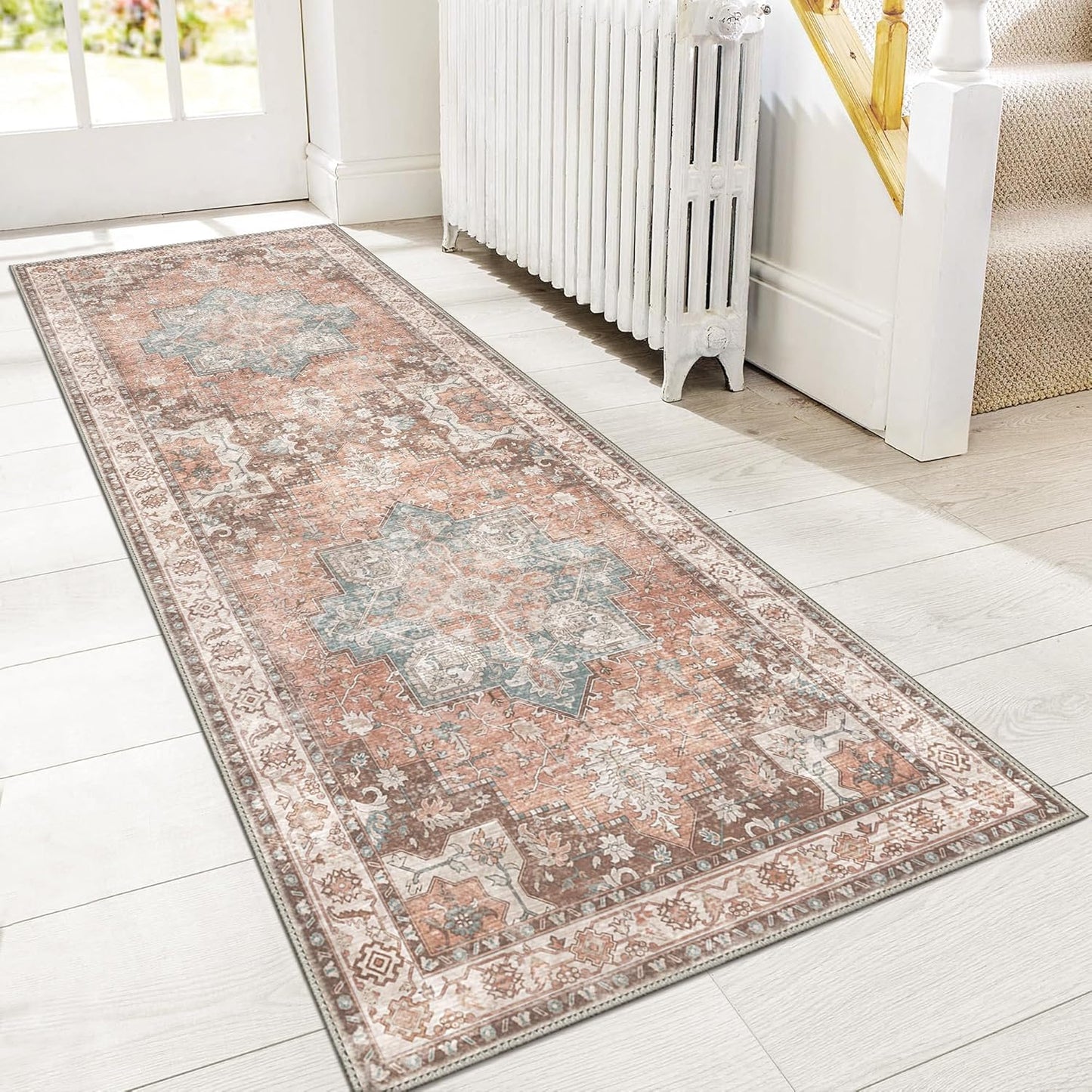 GENIMO 2x10 Runner Rugs for Hallway, Machine Washable Non Slip Vintage Rugs, Low Pile Lightweight Soft Print Rug for enrtyway, Corridor, Home Office, Kitchen, Dew Pink