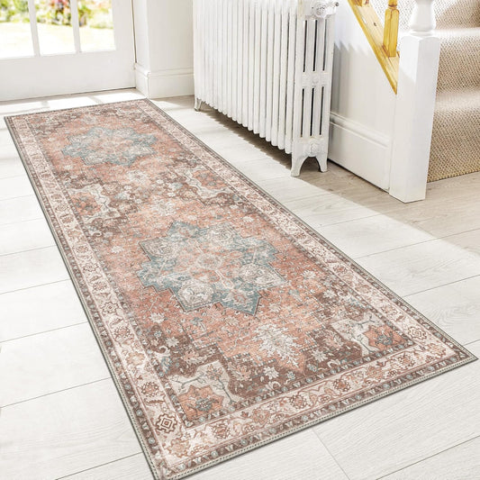 GENIMO 2x10 Runner Rugs for Hallway, Machine Washable Non Slip Vintage Rugs, Low Pile Lightweight Soft Print Rug for enrtyway, Corridor, Home Office, Kitchen, Dew Pink
