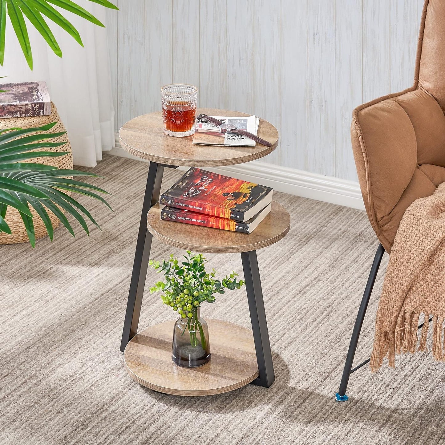 BEWISHOME Round End Table Side Table with Metal Frame, Accent Table Nightstand Bedside Table with 3-Tier Shelves, Small Couch Coffee Table for Living Room Bedroom Greige KTZ41G