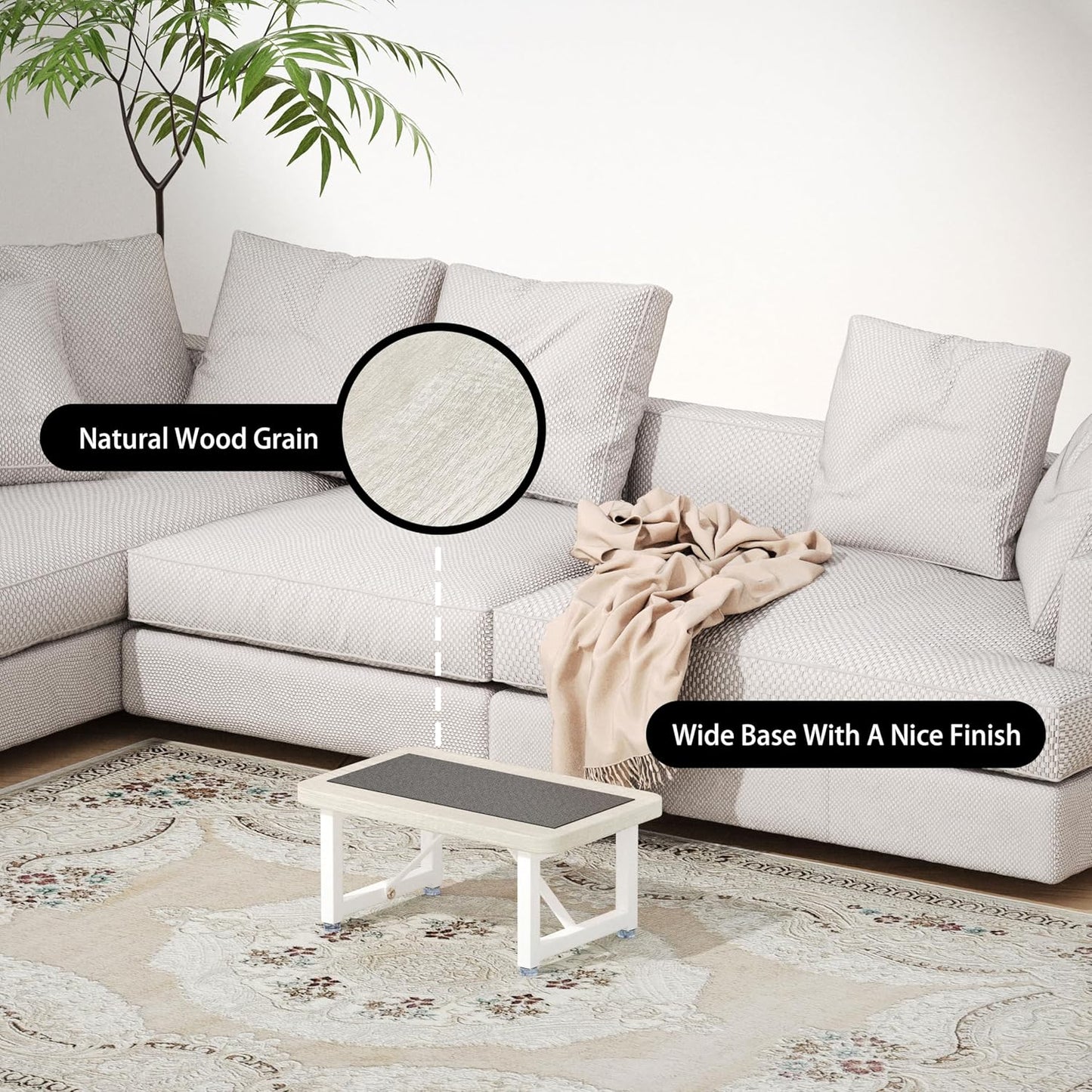 One Step Stool, Wooden Foot Stool for Adults, Heavy Duty Small Stepping Stool for High Bed, Kitchen Counter, Natural