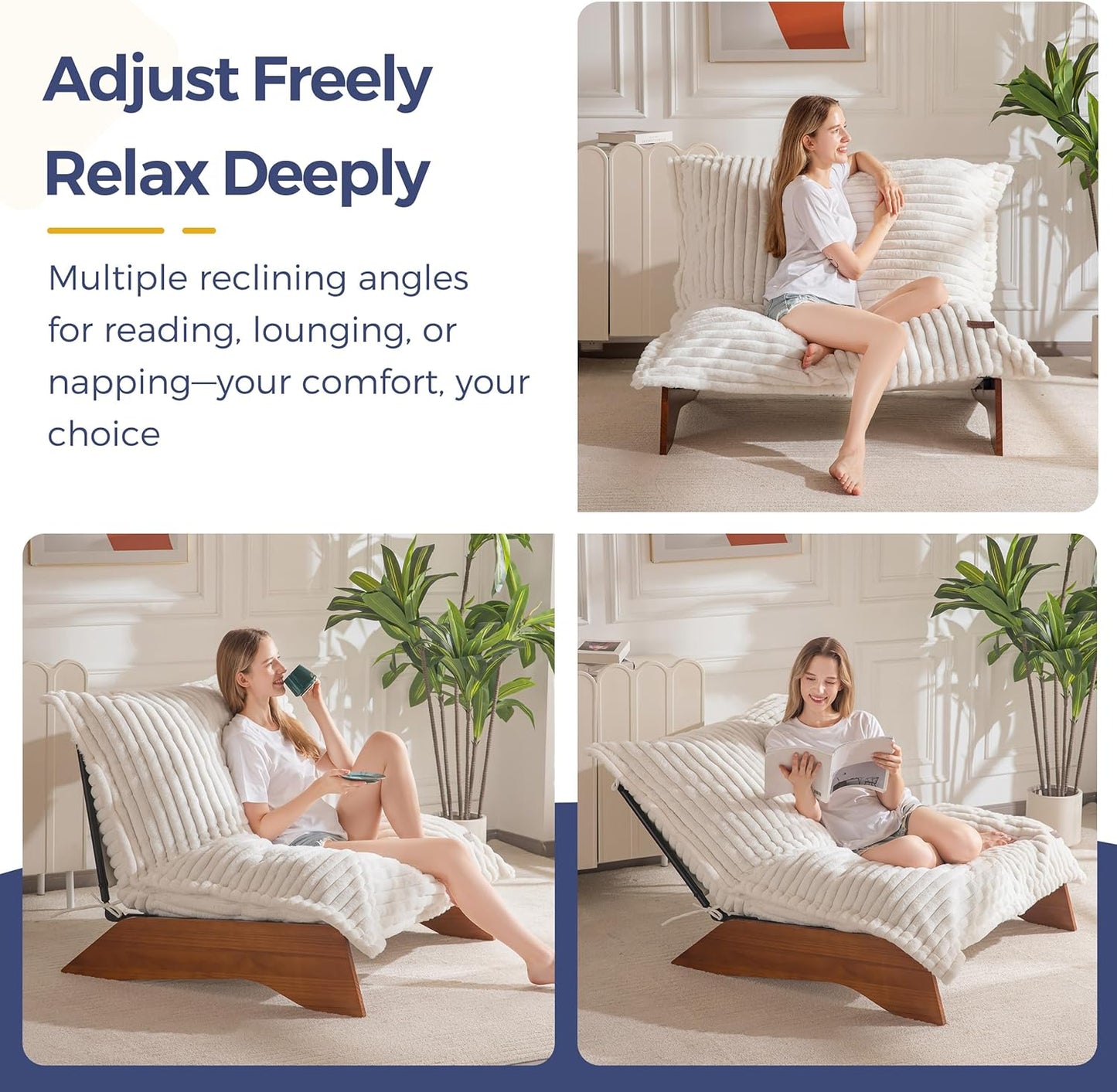 MAXYOYO Adjustable Living Room Chair, 3-Position Bean Bag Chair with Removable Cover, Upholstered Accent Chair with Frame, Soft Reclining Lounge for Bedroom, Apartment, Office, Beige