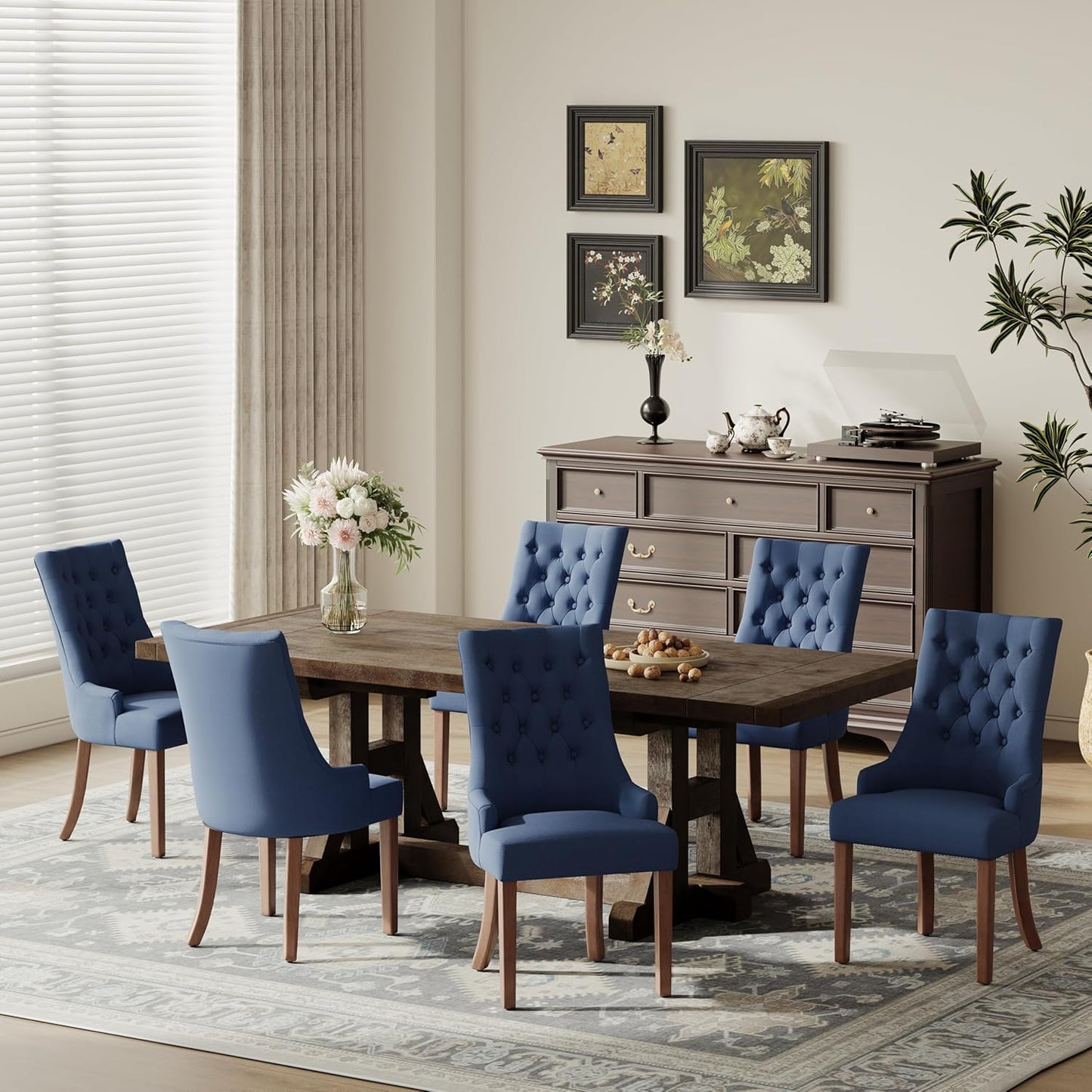 COLAMY Wingback Upholstered Dining Chairs Set of 6, Fabric Dining Room Chairs with Tufted Button, Living Room Chairs for Home Kitchen, Blue