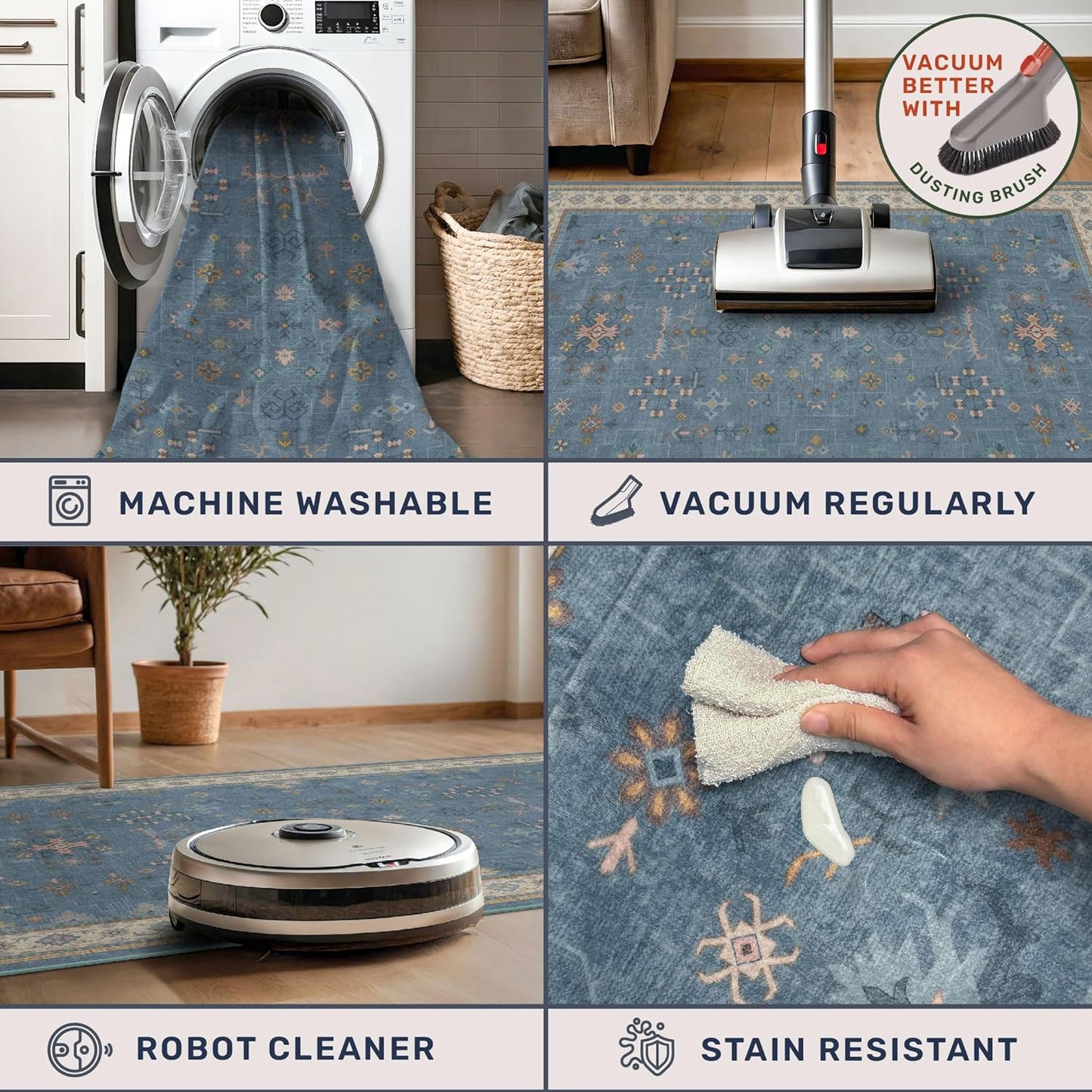 Washable 4x6 Small Rug for Living Room, Area Rug for Kitchen, Bedside, Large Entryway Indoor - Stain Resistant Non Slip with Rubber Backing, Unique Floral Aethestic Décor, Light Blue & Aqua