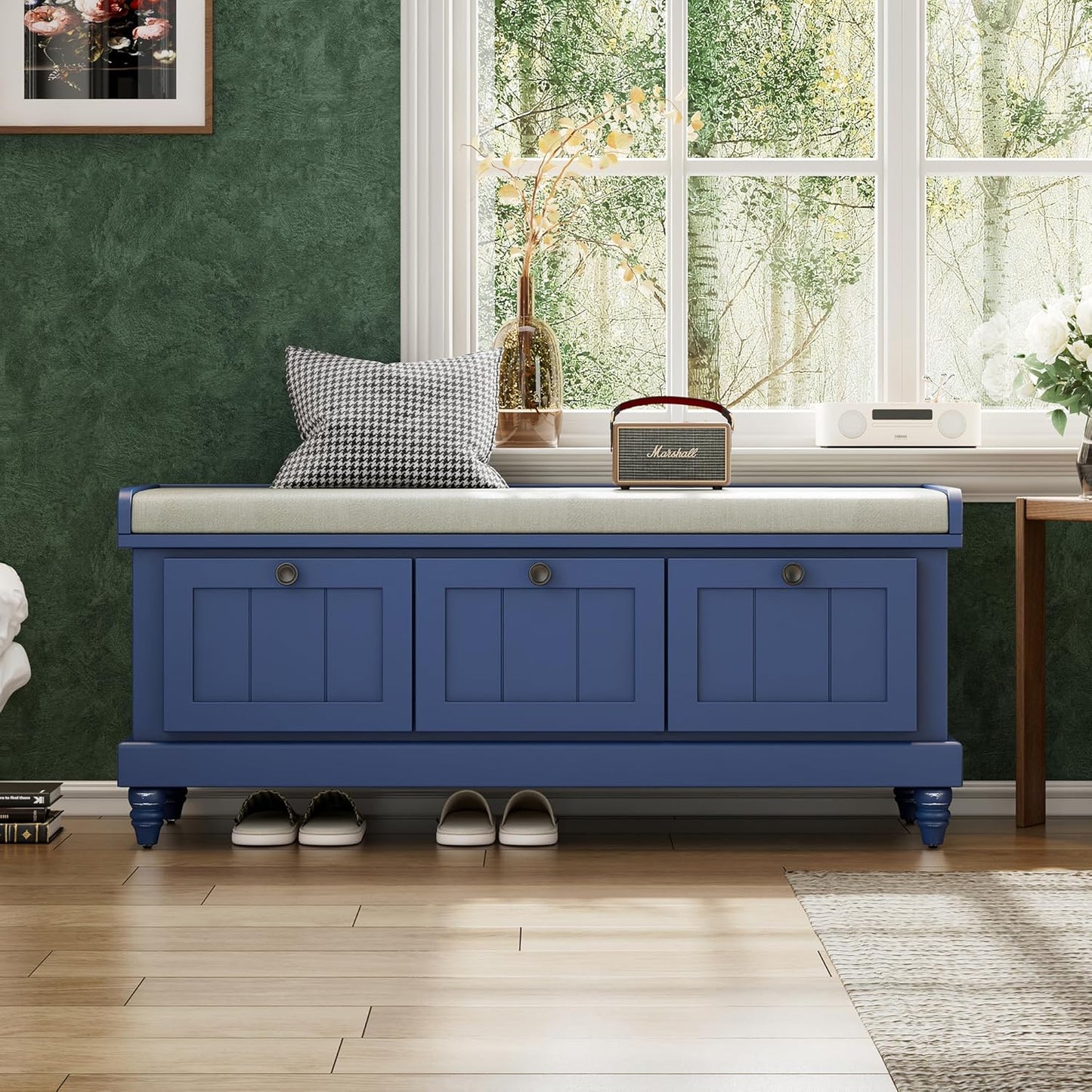 Merax Classic Storage Bench with Cushioned Seat and Three Drawers for Entryway & Living Room & Bedroom, Navy Blue
